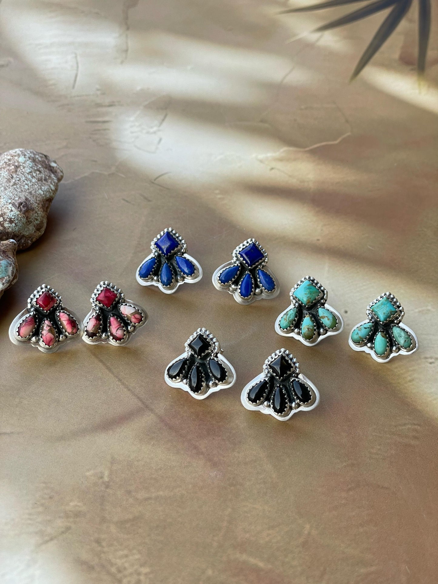 Handmade Sterling Silver post earring Options- Mojave, Black onyx, Lapis Lazuli, Dahlia rose , Signed Nizhoni