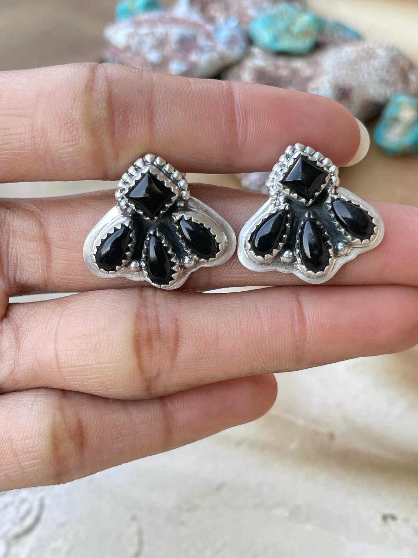 Handmade Sterling Silver post earring Options- Mojave, Black onyx, Lapis Lazuli, Dahlia rose , Signed Nizhoni