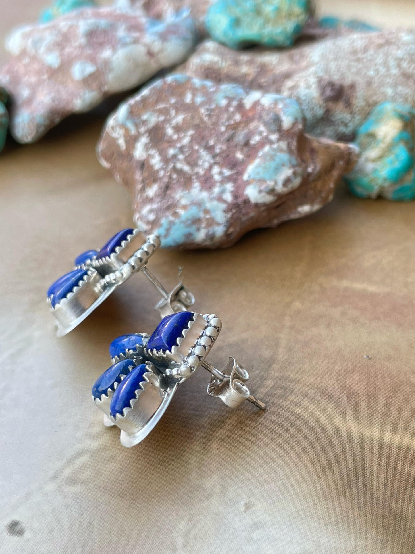 Handmade Sterling Silver post earring Options- Mojave, Black onyx, Lapis Lazuli, Dahlia rose , Signed Nizhoni