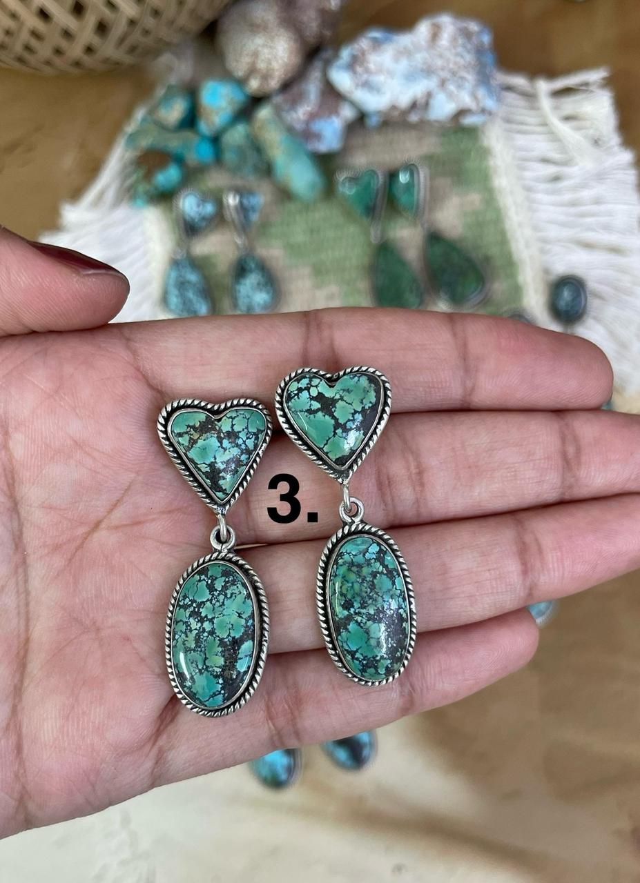 Handmade Sterling Silver Lander Turquoise Post Earrings, Signed Nizhoni