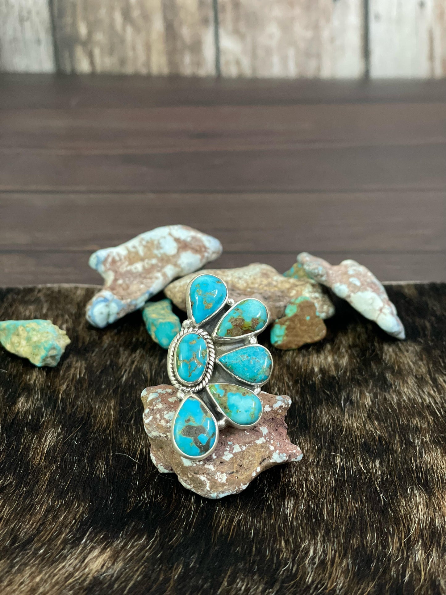Handmade Sterling Silver South Hills Turquoise Adjustable Ring, Signed Nizhoni