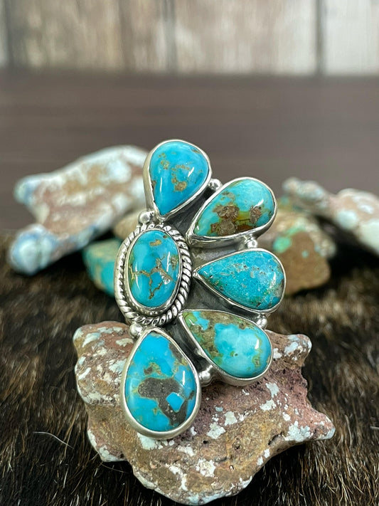 Handmade Sterling Silver South Hills Turquoise Adjustable Ring, Signed Nizhoni