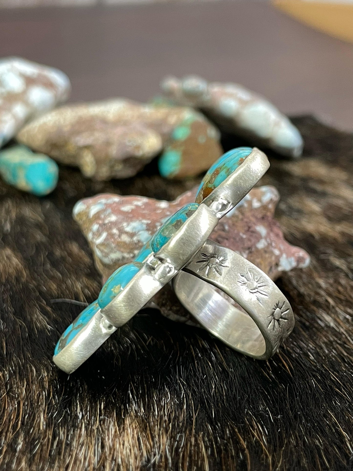 Handmade Sterling Silver South Hills Turquoise Adjustable Ring, Signed Nizhoni