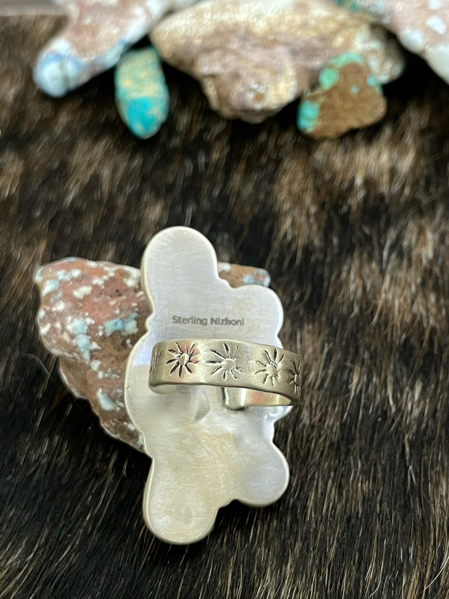 Handmade Sterling Silver South Hills Turquoise Adjustable Ring, Signed Nizhoni