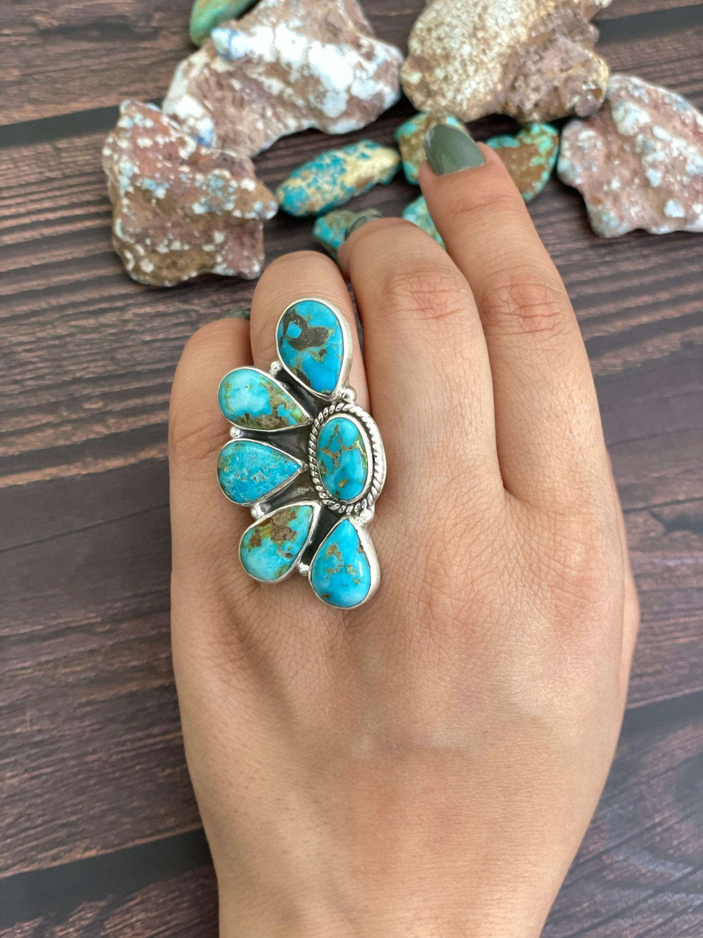 Handmade Sterling Silver South Hills Turquoise Adjustable Ring, Signed Nizhoni