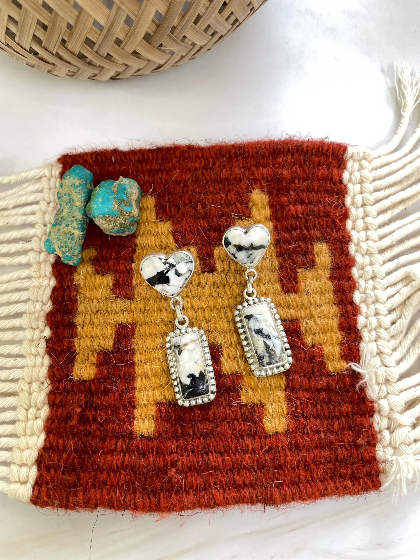 Handmade Sterling Silver White Buffalo Post Earrings, Signed Nizhonil