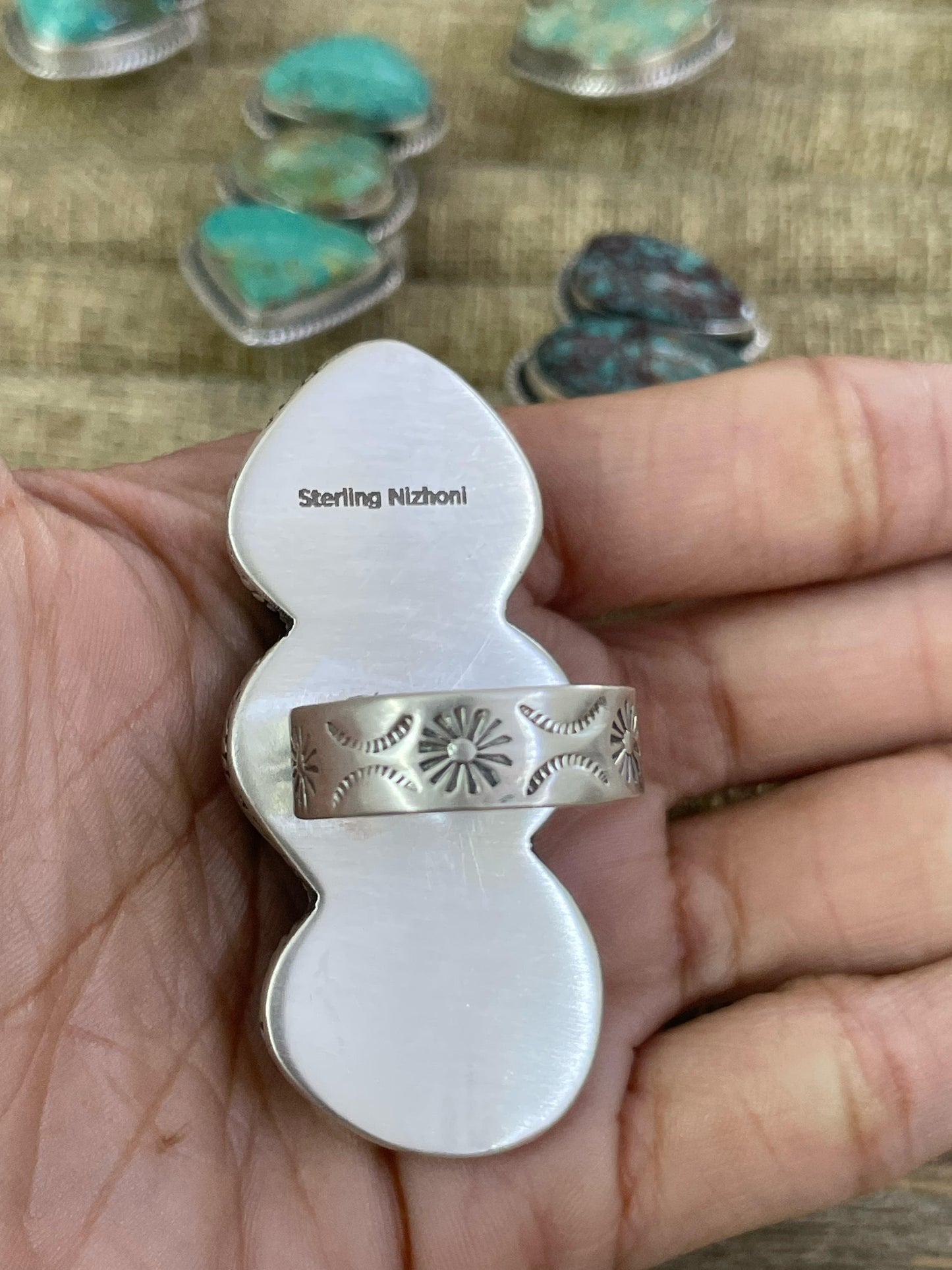 Handmade Sterling Silver Royston Turquoise Adjustable Ring, Signed Nizhoni