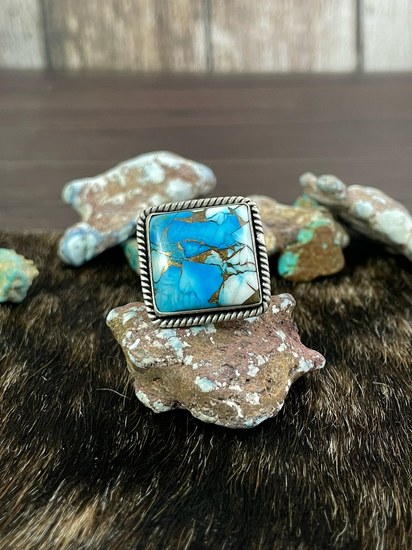 Handmade Sterling Silver Ice Blue Dahlia Adjustable Ring, Signed Nizhoni