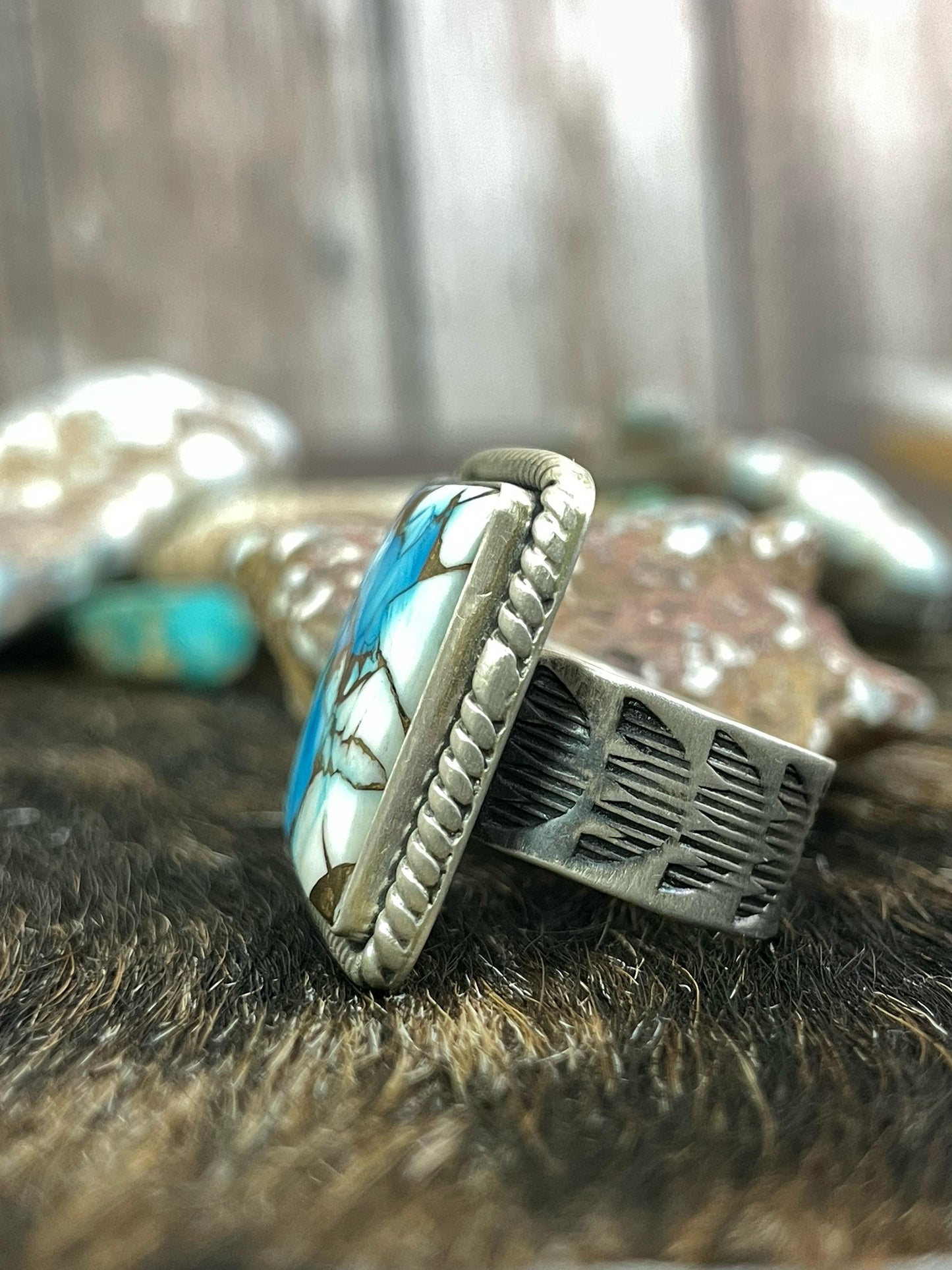 Handmade Sterling Silver Ice Blue Dahlia Adjustable Ring, Signed Nizhoni