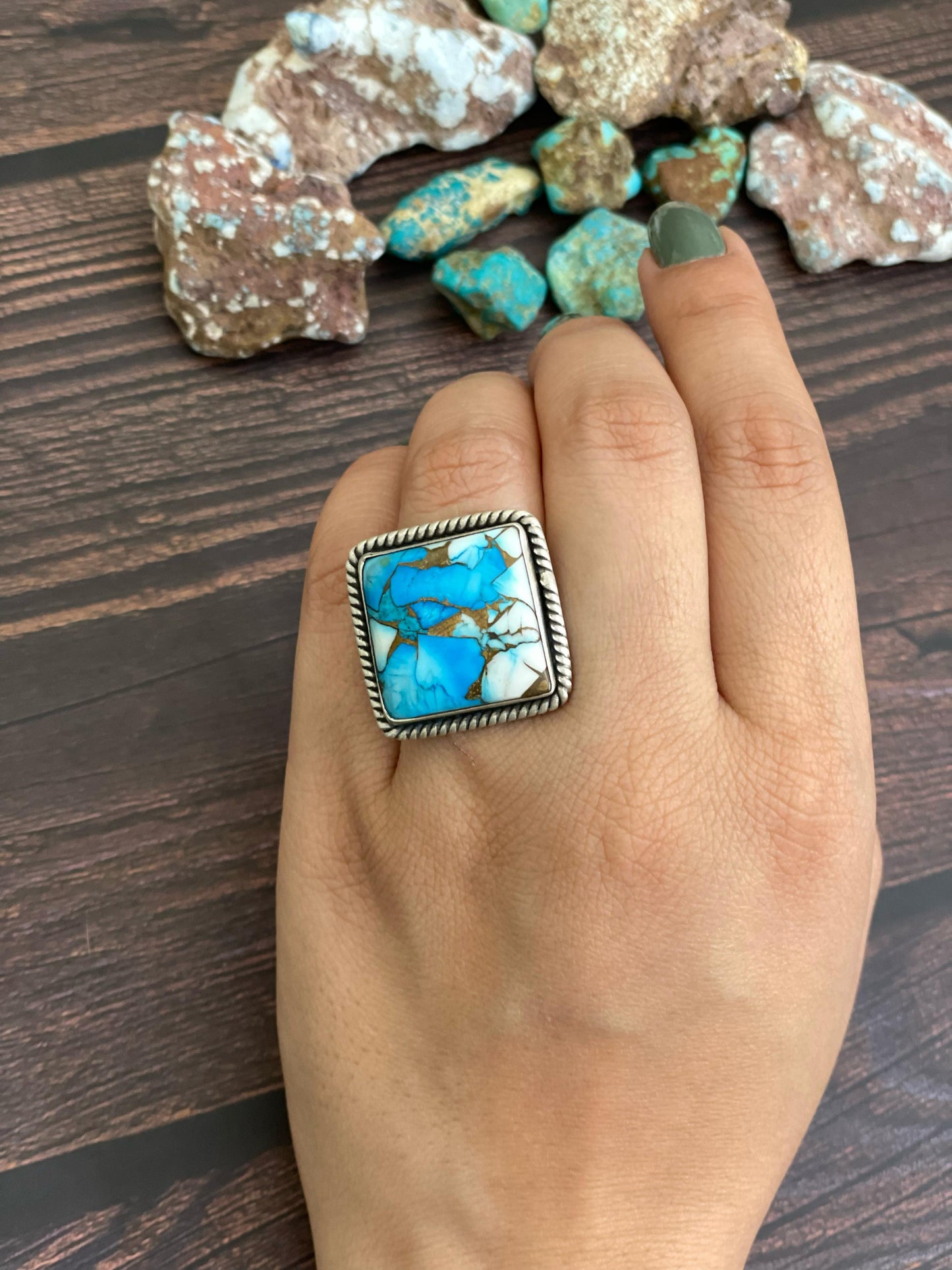 Handmade Sterling Silver Ice Blue Dahlia Adjustable Ring, Signed Nizhoni