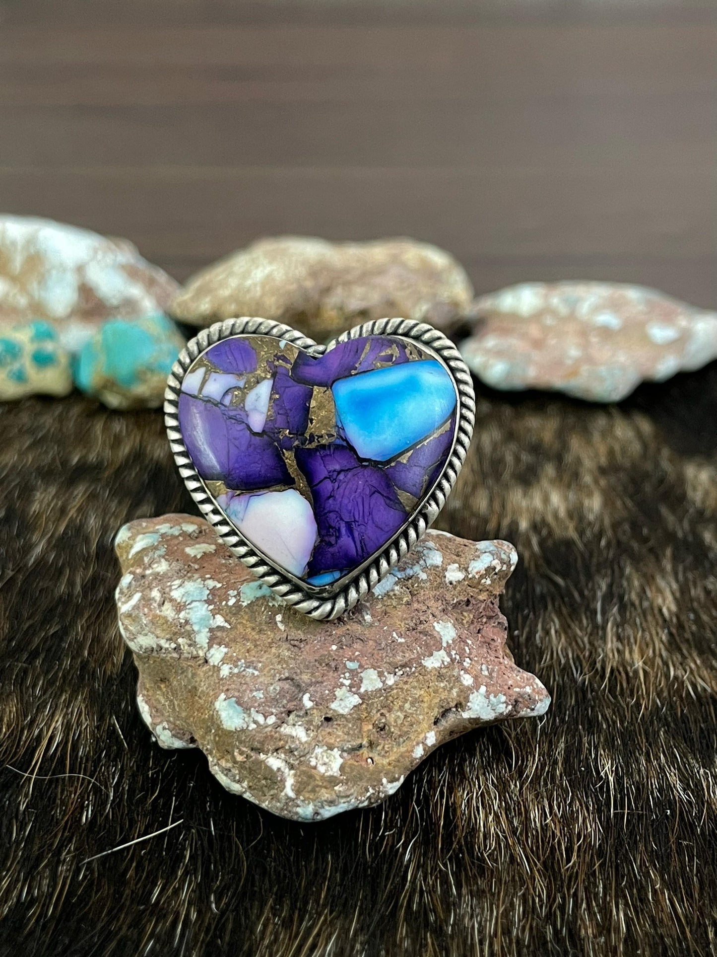 Handmade Sterling Silver Purple Kingman Dahlia Adjustable Ring, Signed Nizhoni
