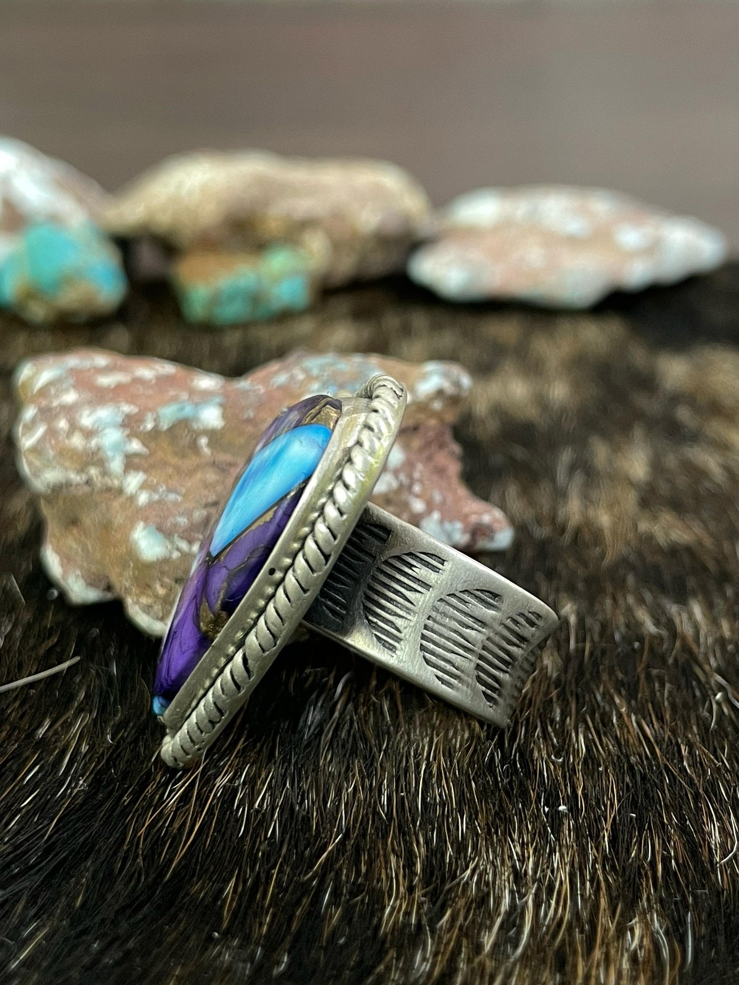Handmade Sterling Silver Purple Kingman Dahlia Adjustable Ring, Signed Nizhoni