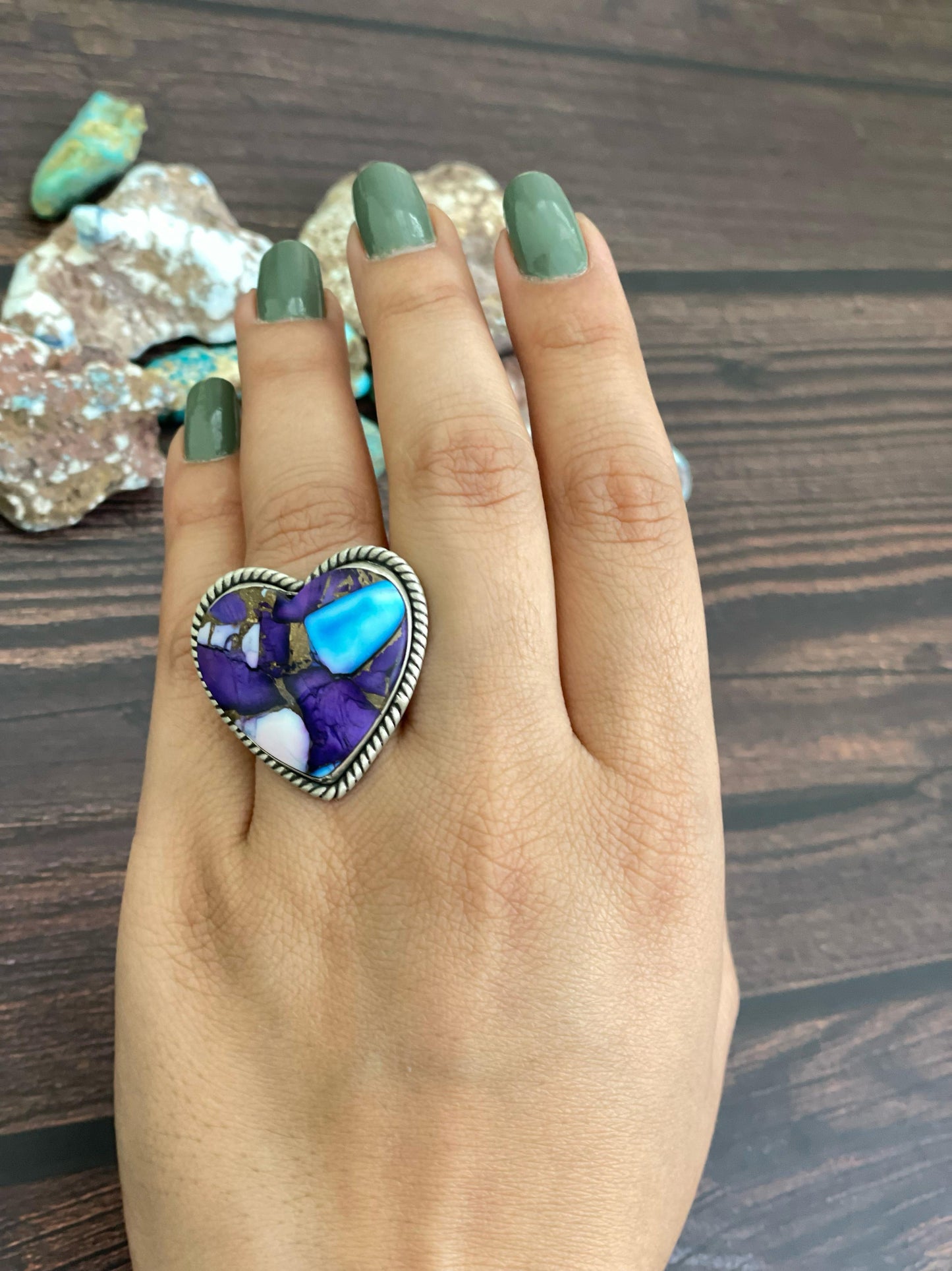 Handmade Sterling Silver Purple Kingman Dahlia Adjustable Ring, Signed Nizhoni
