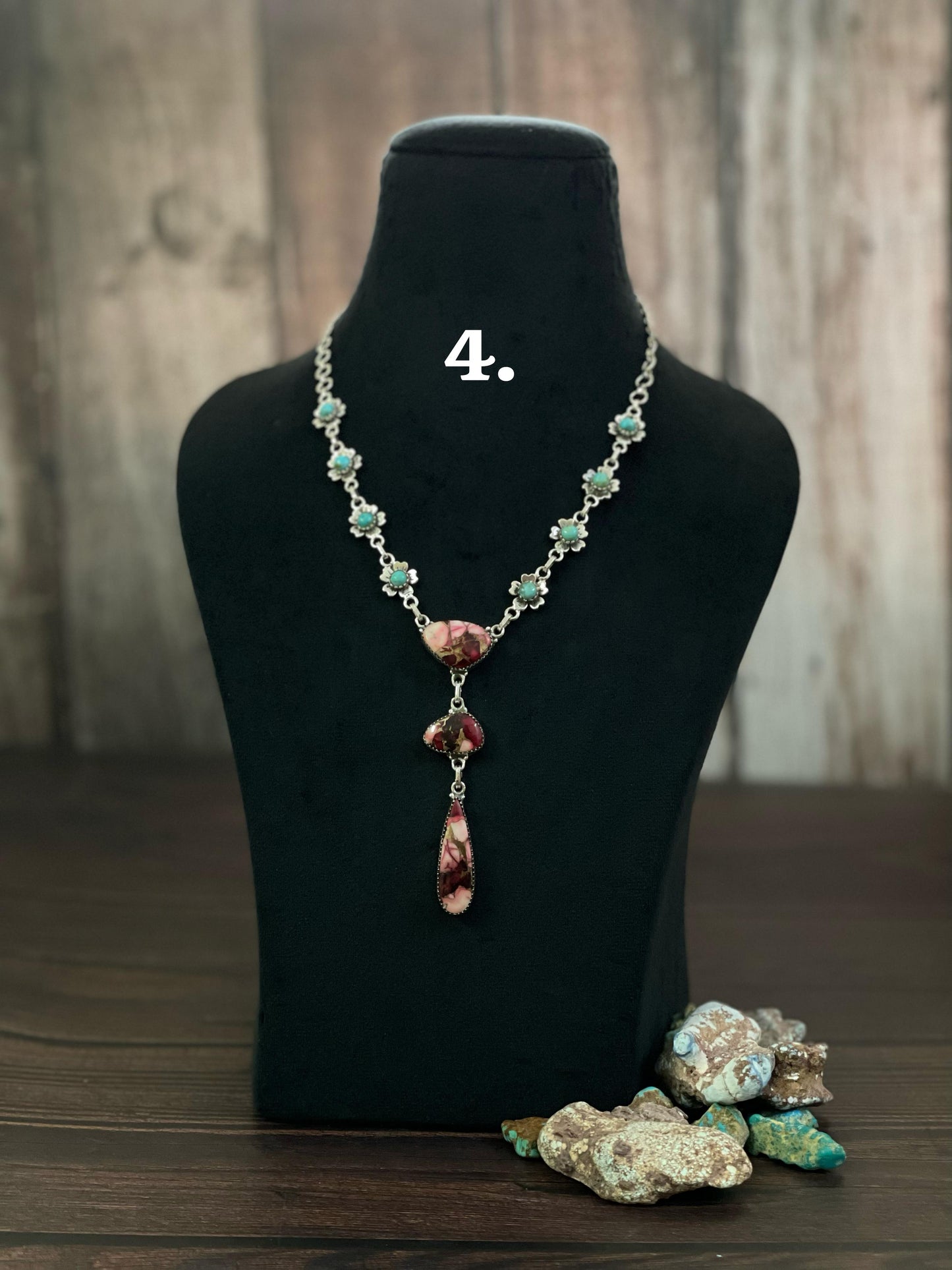 Handmade Sterling Silver Rose Dahlia and Mojave Turquoise Necklace, Signed Nizhoni