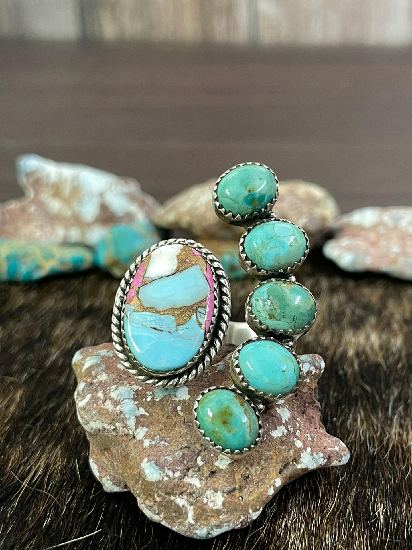 Handmade Sterling Silver Cotton Candy and Mojave Turquoise Adjustable Ring, Signed Nizhoni