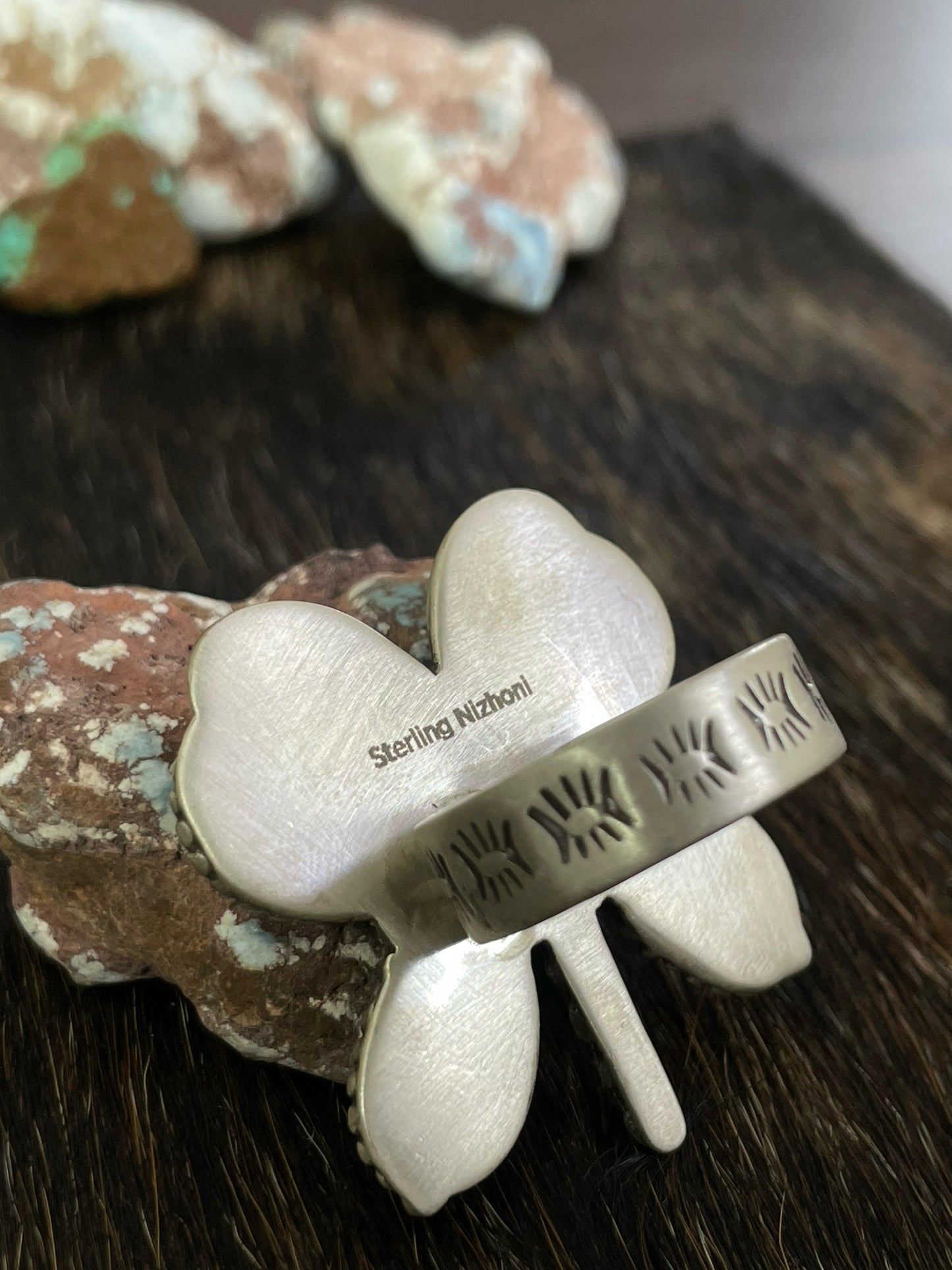 Handmade Sterling Silver Golden Hills, Palomino, Sonoran, Rose Dahlia, White Buffalo and Number 8 Turquoise Adjustable Butterfly Ring, Signed Nizhoni