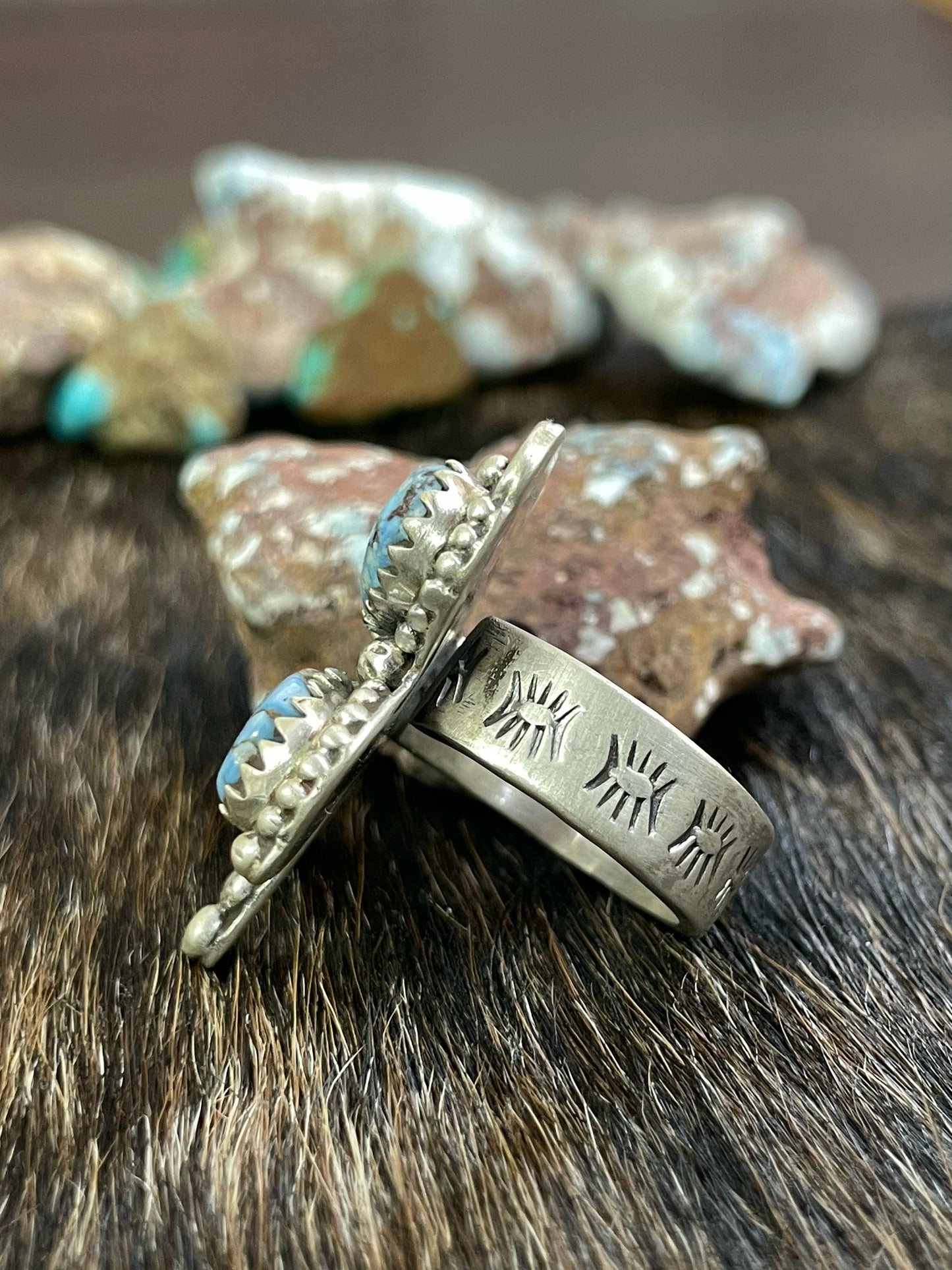 Handmade Sterling Silver Golden Hills, Palomino, Sonoran, Rose Dahlia, White Buffalo and Number 8 Turquoise Adjustable Butterfly Ring, Signed Nizhoni