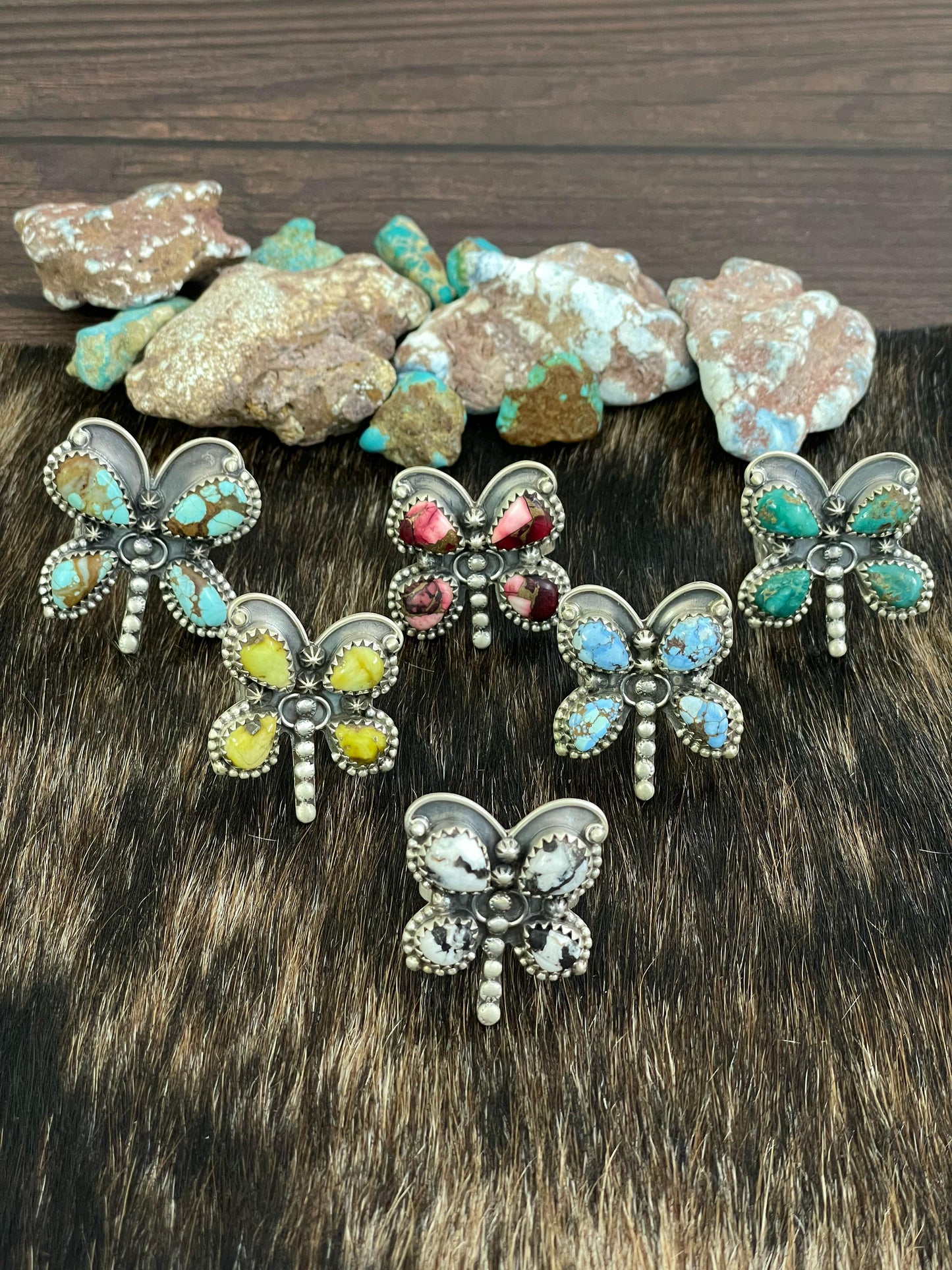 Handmade Sterling Silver Golden Hills, Palomino, Sonoran, Rose Dahlia, White Buffalo and Number 8 Turquoise Adjustable Butterfly Ring, Signed Nizhoni