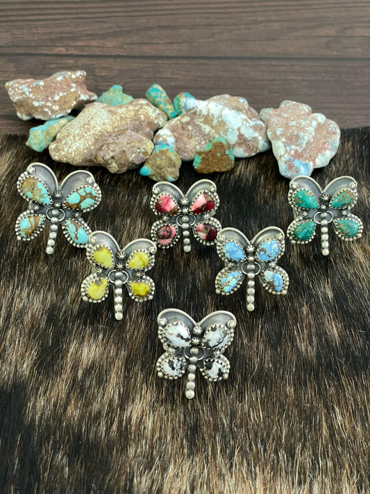 Handmade Sterling Silver Golden Hills, Palomino, Sonoran, Rose Dahlia, White Buffalo and Number 8 Turquoise Adjustable Butterfly Ring, Signed Nizhoni