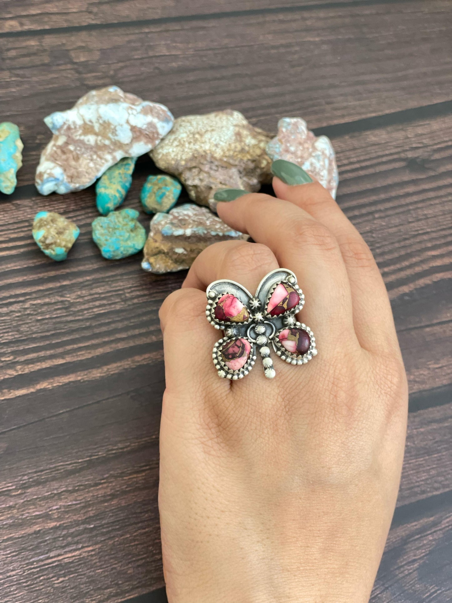 Handmade Sterling Silver Golden Hills, Palomino, Sonoran, Rose Dahlia, White Buffalo and Number 8 Turquoise Adjustable Butterfly Ring, Signed Nizhoni