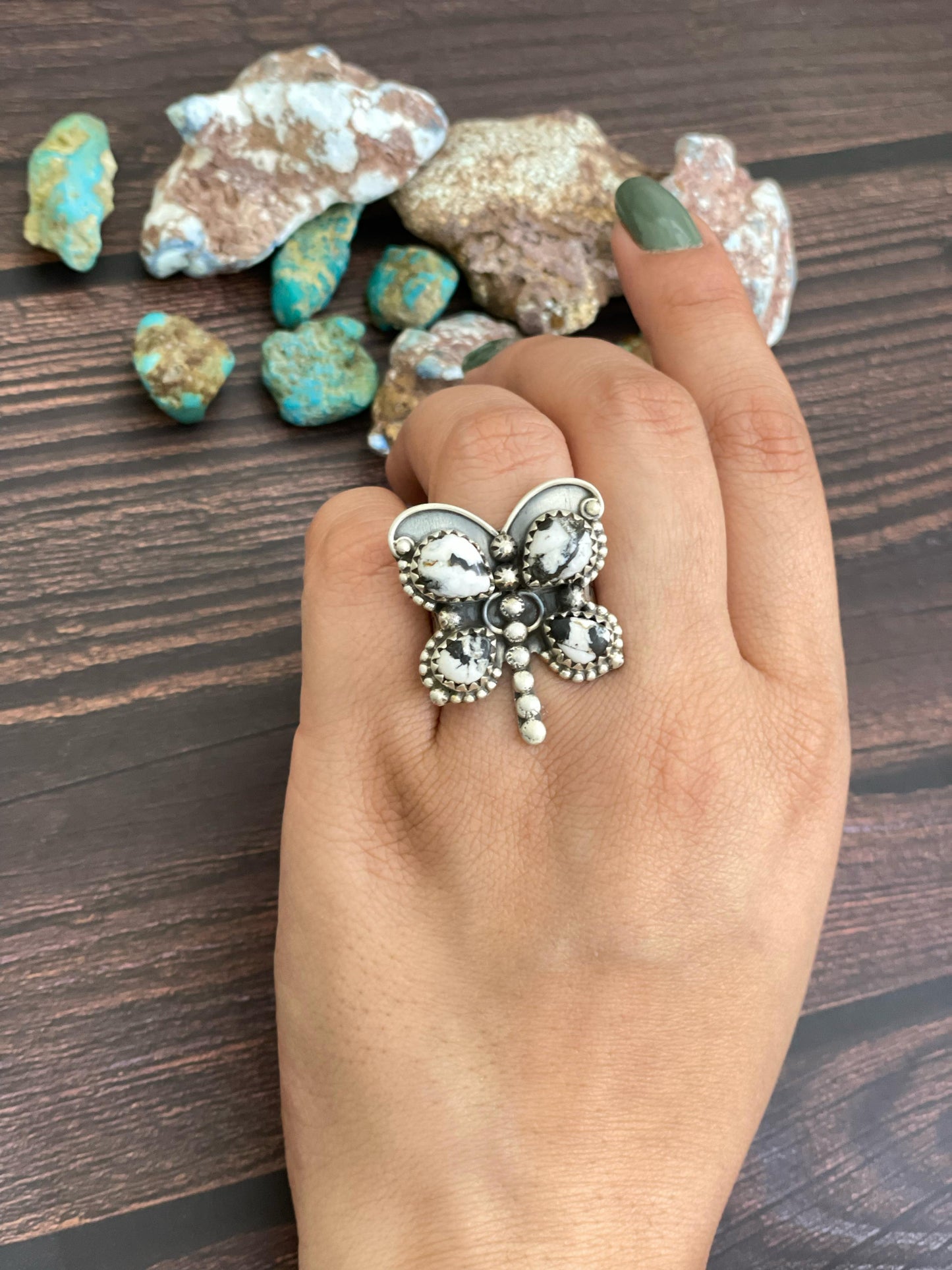 Handmade Sterling Silver Golden Hills, Palomino, Sonoran, Rose Dahlia, White Buffalo and Number 8 Turquoise Adjustable Butterfly Ring, Signed Nizhoni