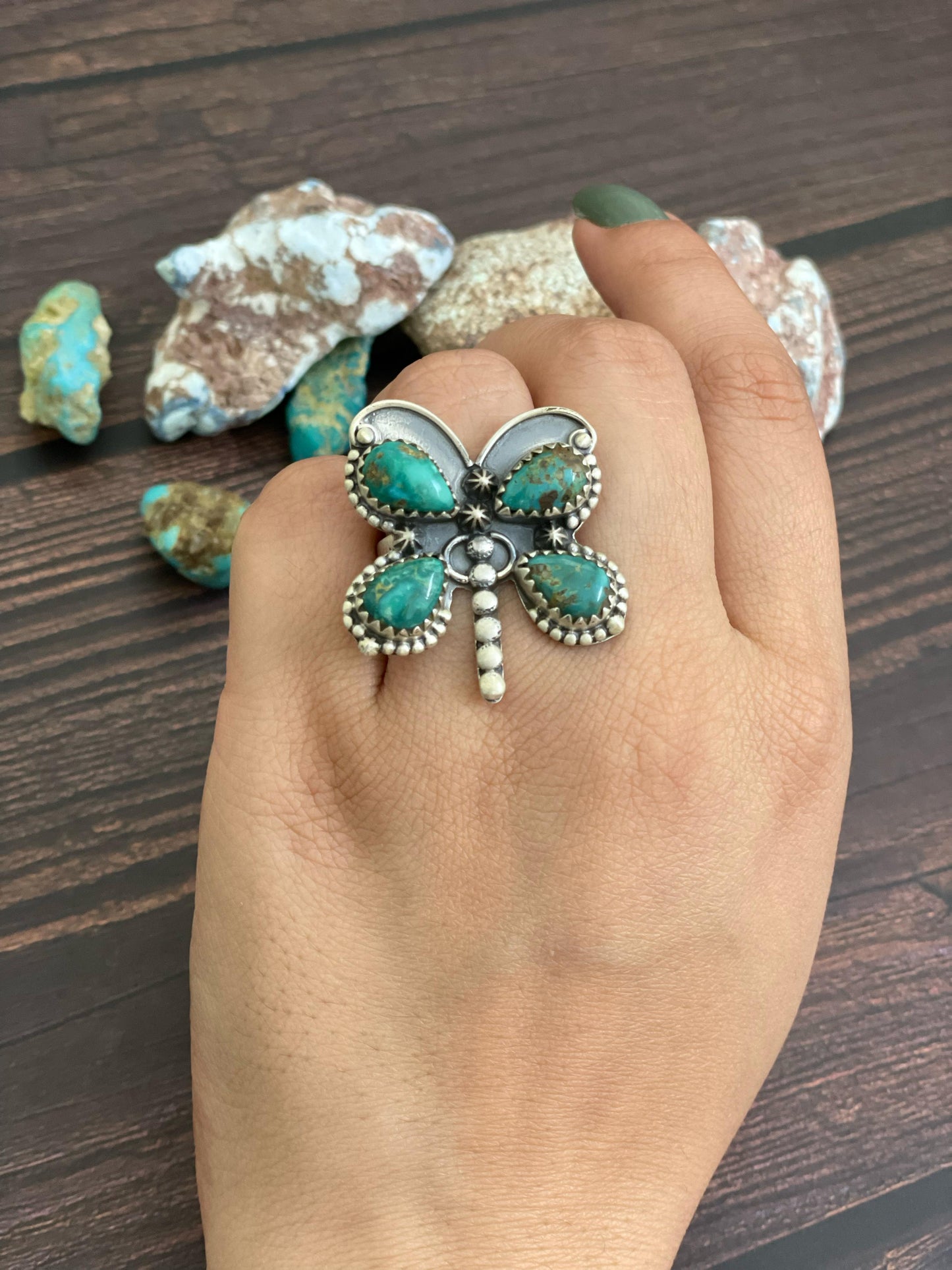 Handmade Sterling Silver Golden Hills, Palomino, Sonoran, Rose Dahlia, White Buffalo and Number 8 Turquoise Adjustable Butterfly Ring, Signed Nizhoni