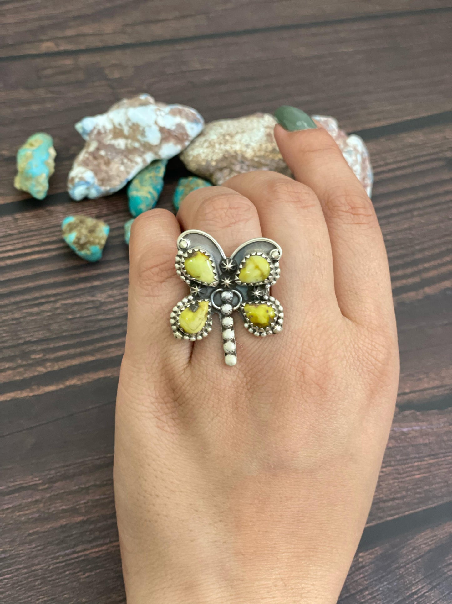 Handmade Sterling Silver Golden Hills, Palomino, Sonoran, Rose Dahlia, White Buffalo and Number 8 Turquoise Adjustable Butterfly Ring, Signed Nizhoni