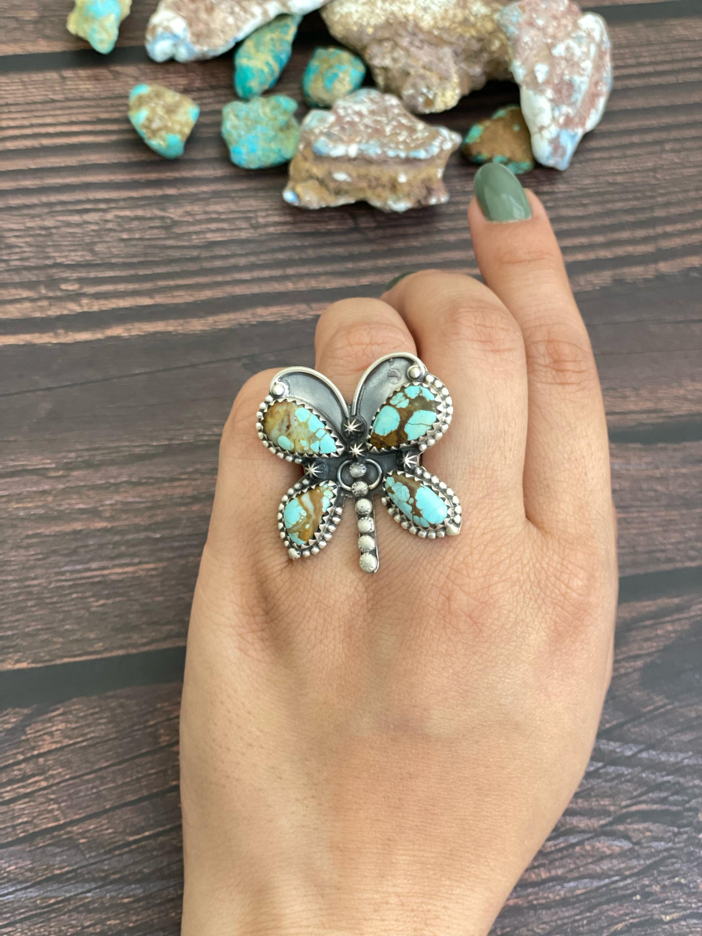 Handmade Sterling Silver Golden Hills, Palomino, Sonoran, Rose Dahlia, White Buffalo and Number 8 Turquoise Adjustable Butterfly Ring, Signed Nizhoni