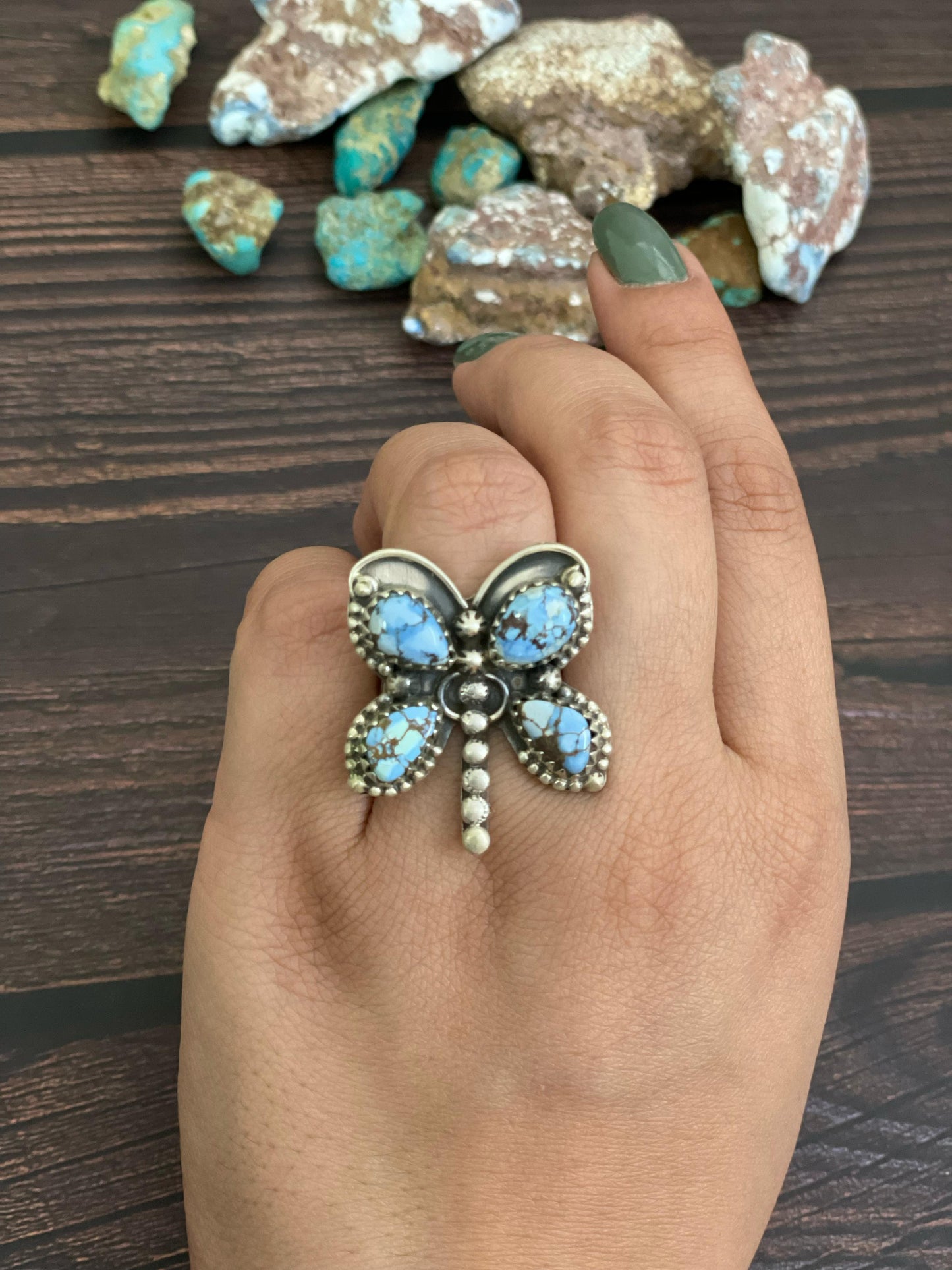 Handmade Sterling Silver Golden Hills, Palomino, Sonoran, Rose Dahlia, White Buffalo and Number 8 Turquoise Adjustable Butterfly Ring, Signed Nizhoni