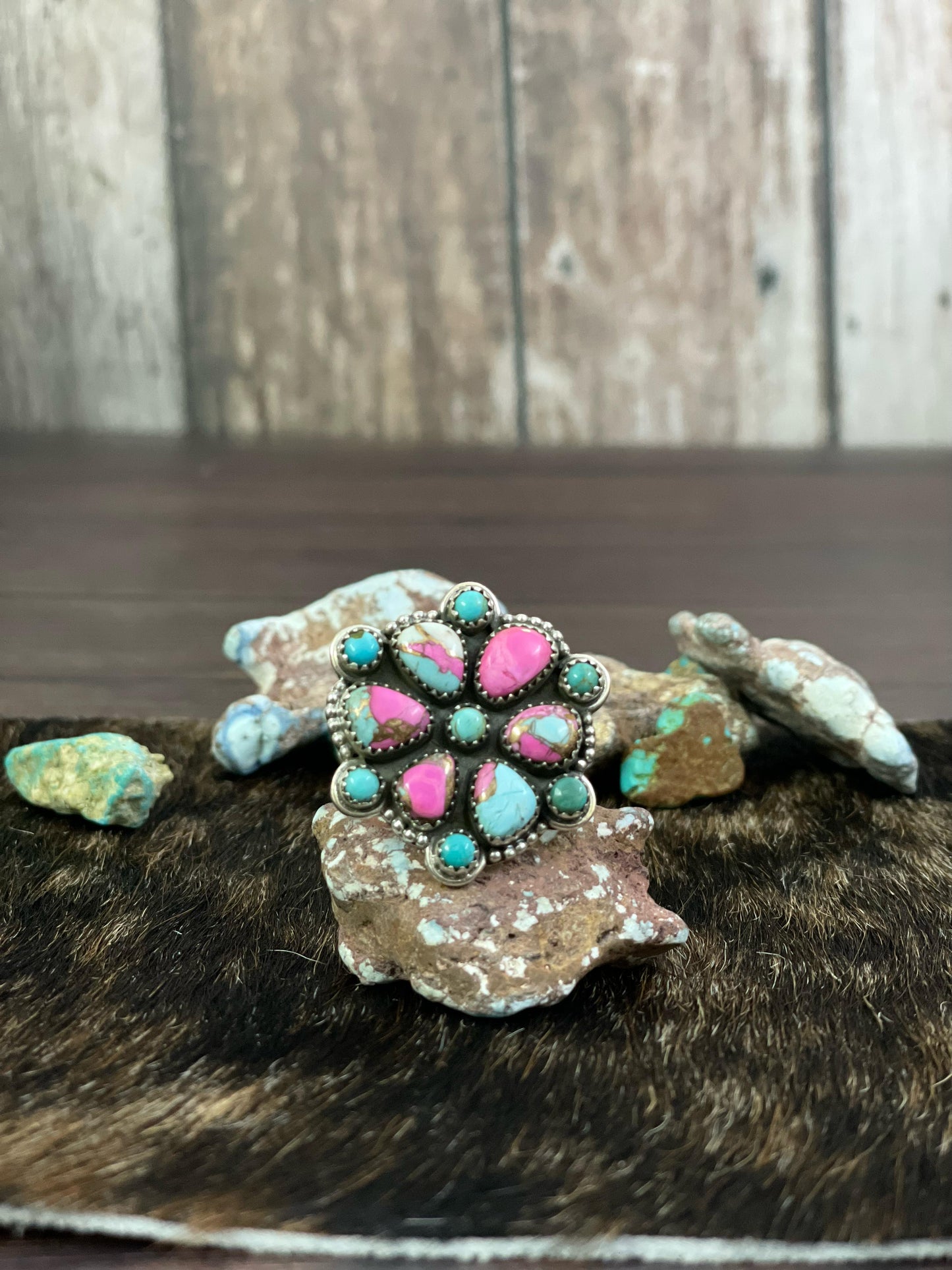 Handmade Sterling Silver Cotton Candy and Mojave Adjustable ring, Signed Nizhoni