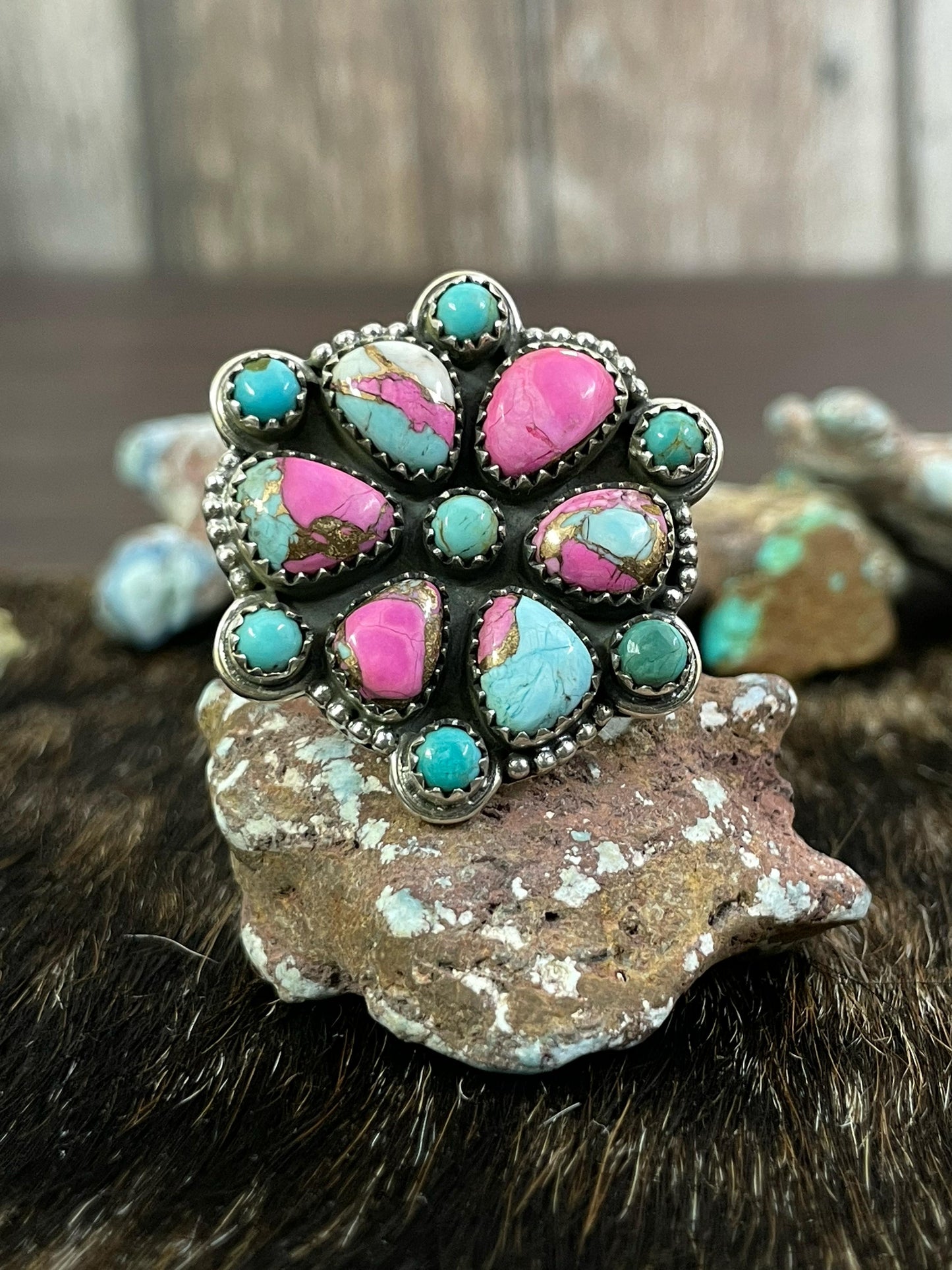 Handmade Sterling Silver Cotton Candy and Mojave Adjustable ring, Signed Nizhoni