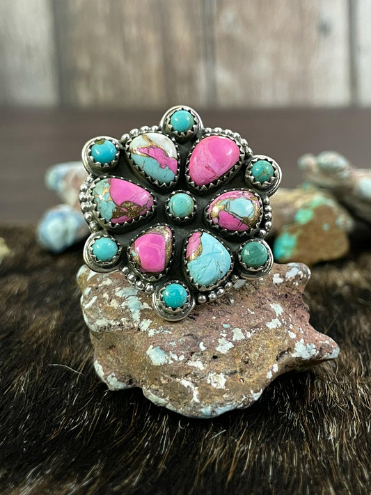 Handmade Sterling Silver Cotton Candy and Mojave Adjustable ring, Signed Nizhoni