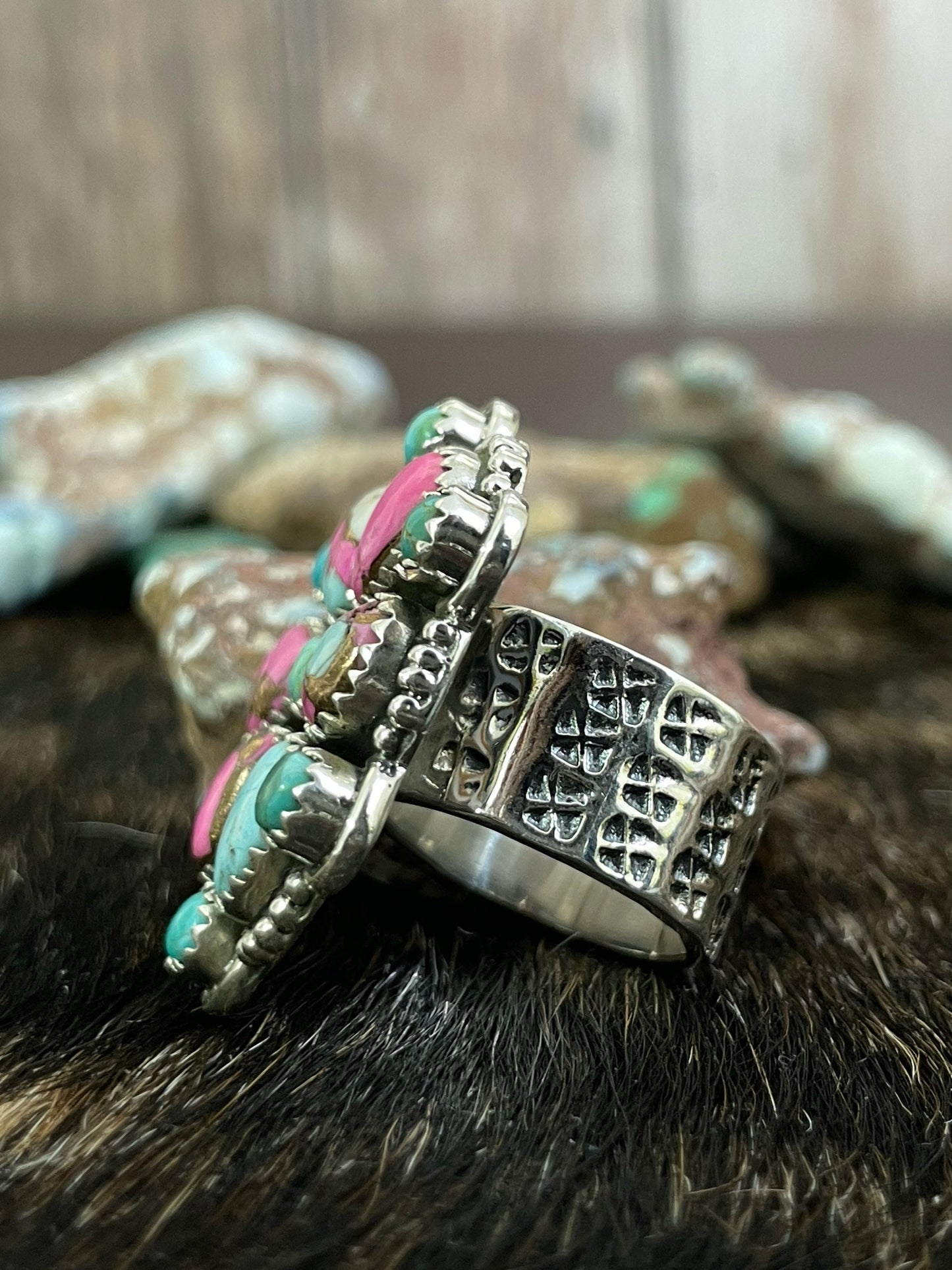 Handmade Sterling Silver Cotton Candy and Mojave Adjustable ring, Signed Nizhoni