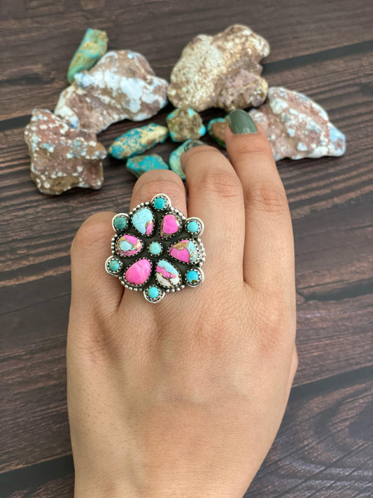 Handmade Sterling Silver Cotton Candy and Mojave Adjustable ring, Signed Nizhoni