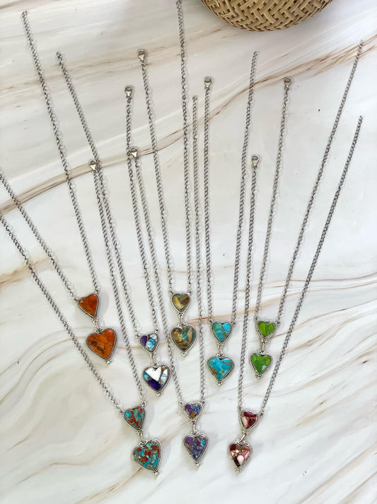 Handmade Sterling Silver Rose Dahlia, Purple, Orange Mojave, Royston Turquoise, Mojave, Green Mojave, Turquoise-Coral Mix, Purple Kingman Mojave Necklace, Signed Nizhoni