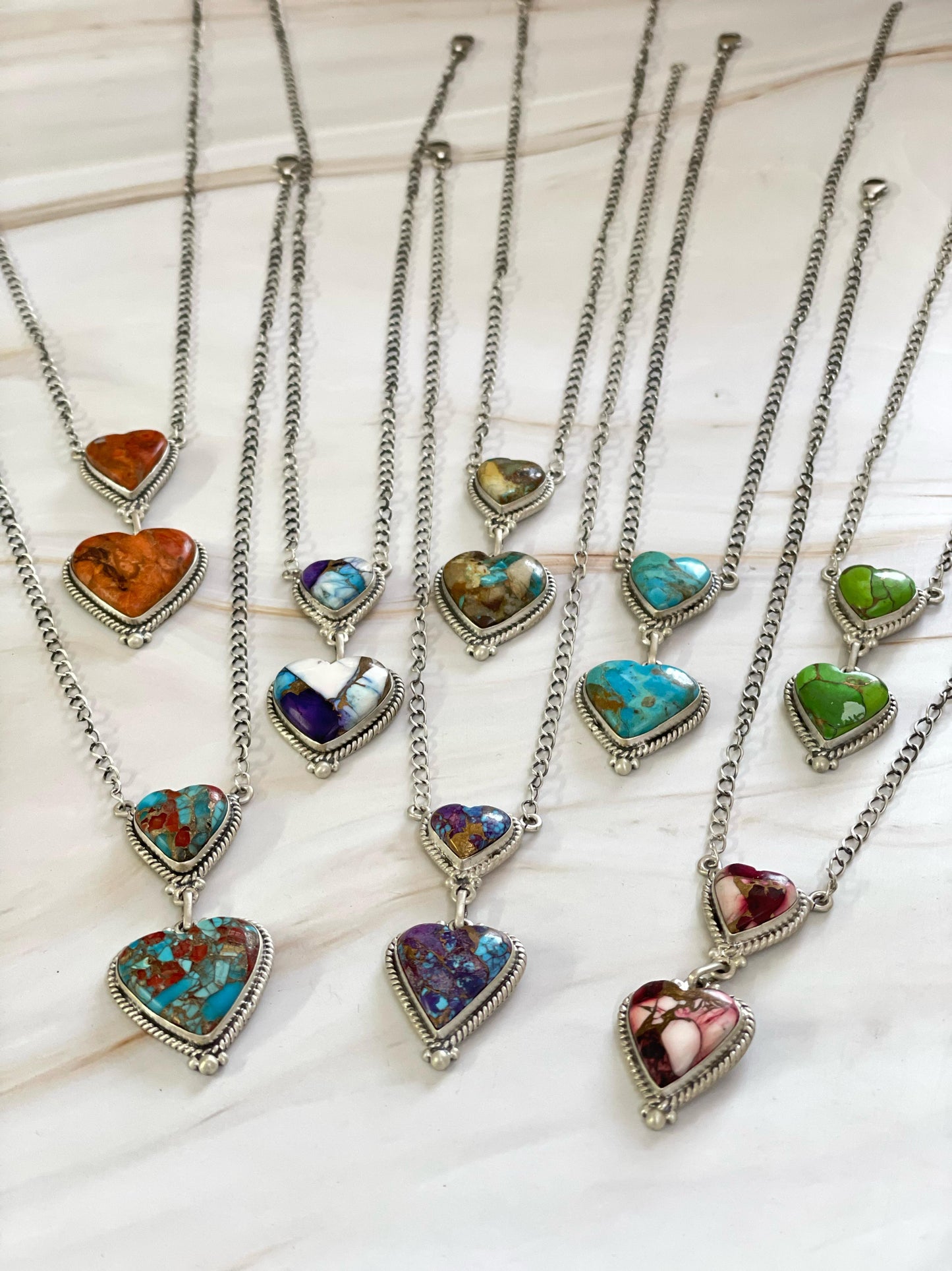 Handmade Sterling Silver Rose Dahlia, Purple, Orange Mojave, Royston Turquoise, Mojave, Green Mojave, Turquoise-Coral Mix, Purple Kingman Mojave Necklace, Signed Nizhoni