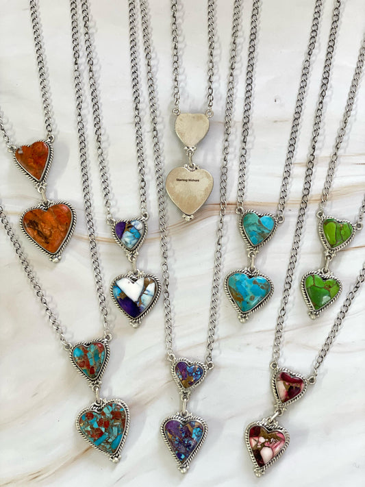 Handmade Sterling Silver Rose Dahlia, Purple, Orange Mojave, Royston Turquoise, Mojave, Green Mojave, Turquoise-Coral Mix, Purple Kingman Mojave Necklace, Signed Nizhoni