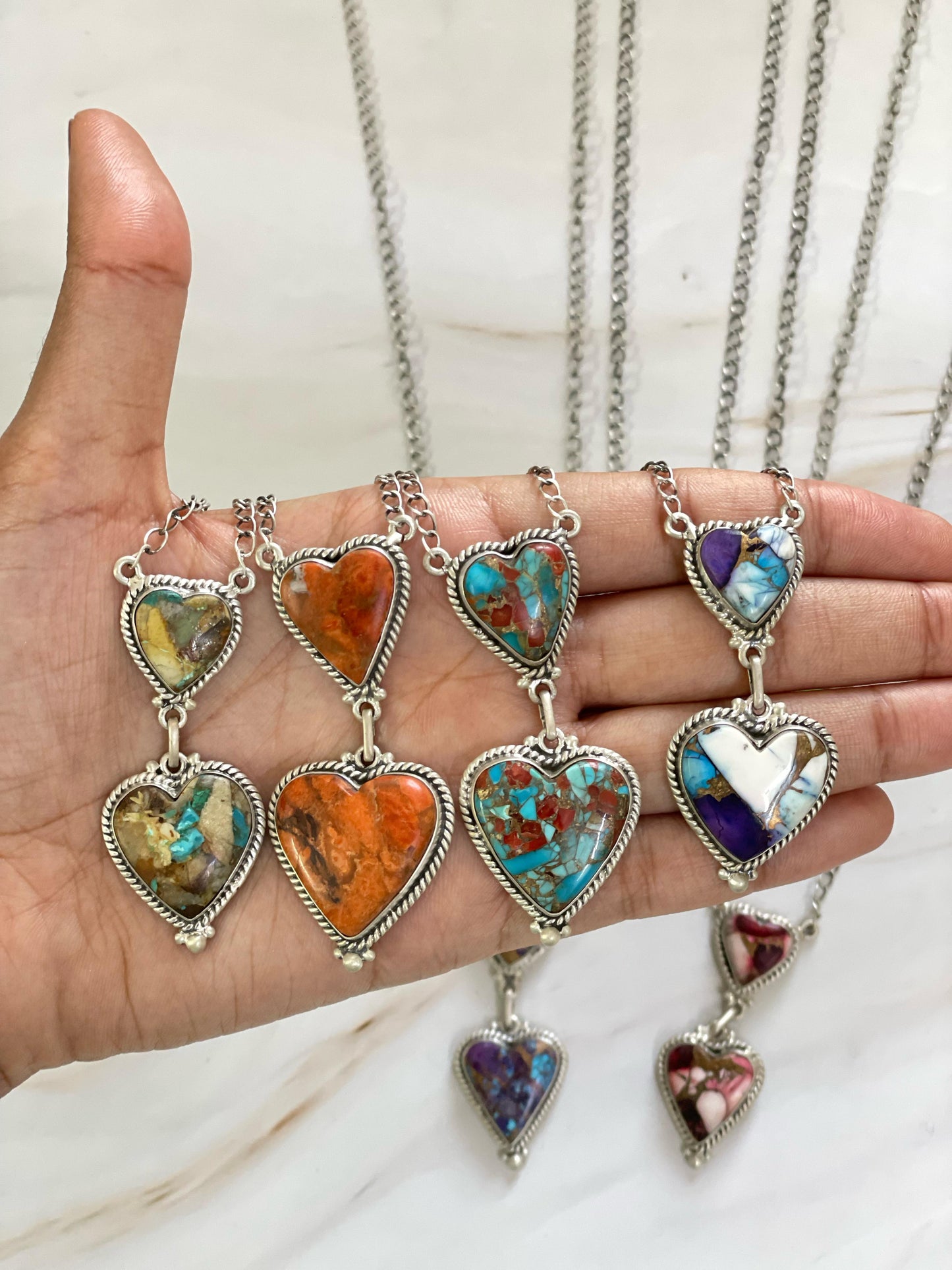 Handmade Sterling Silver Rose Dahlia, Purple, Orange Mojave, Royston Turquoise, Mojave, Green Mojave, Turquoise-Coral Mix, Purple Kingman Mojave Necklace, Signed Nizhoni