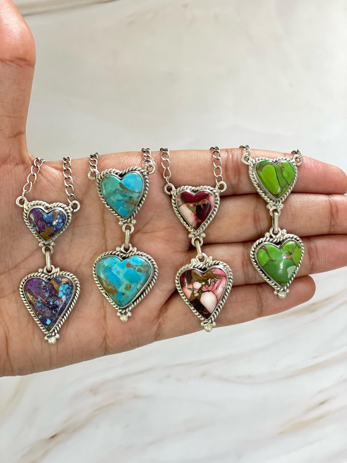 Handmade Sterling Silver Rose Dahlia, Purple, Orange Mojave, Royston Turquoise, Mojave, Green Mojave, Turquoise-Coral Mix, Purple Kingman Mojave Necklace, Signed Nizhoni