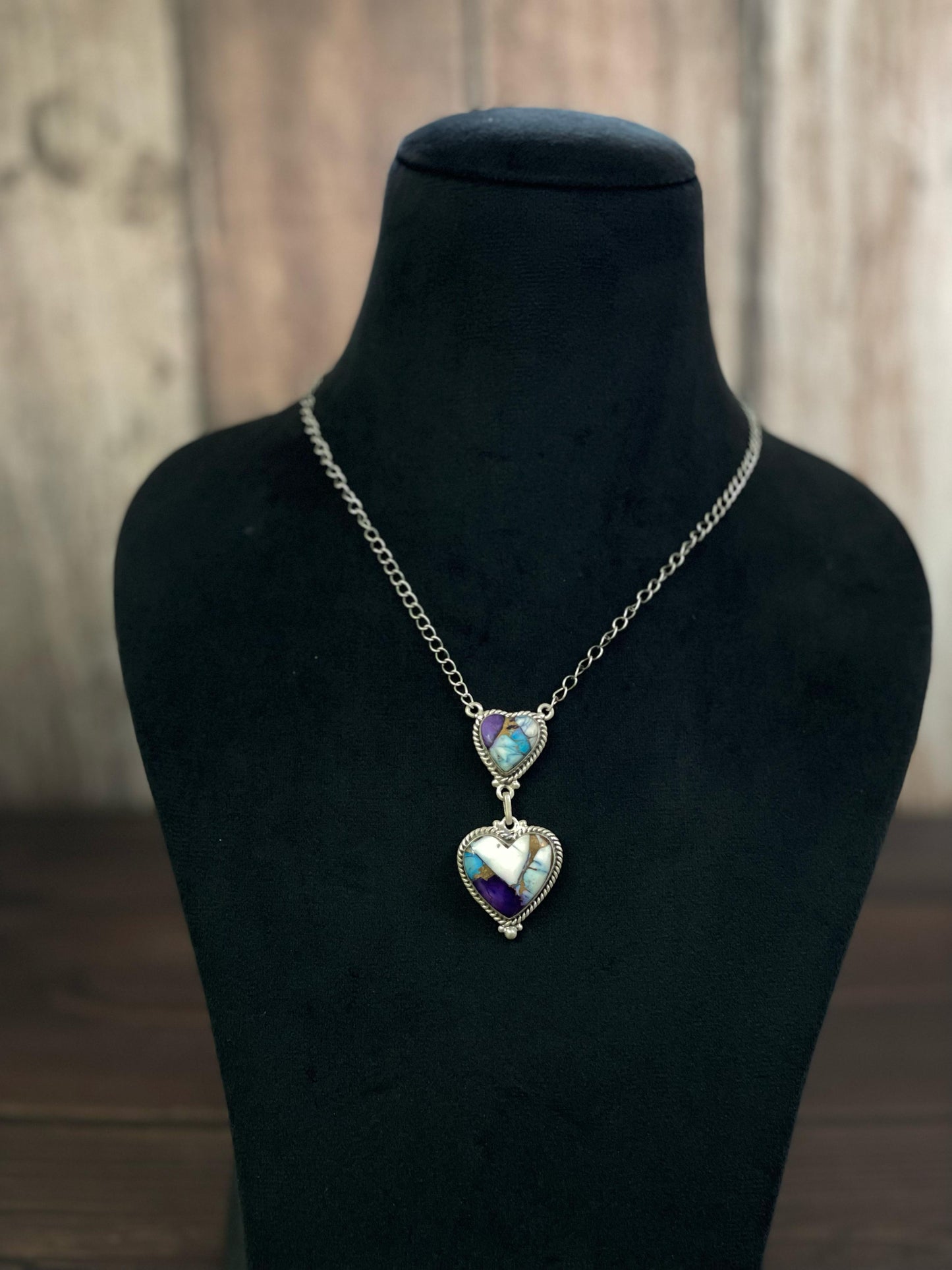 Handmade Sterling Silver Rose Dahlia, Purple, Orange Mojave, Royston Turquoise, Mojave, Green Mojave, Turquoise-Coral Mix, Purple Kingman Mojave Necklace, Signed Nizhoni