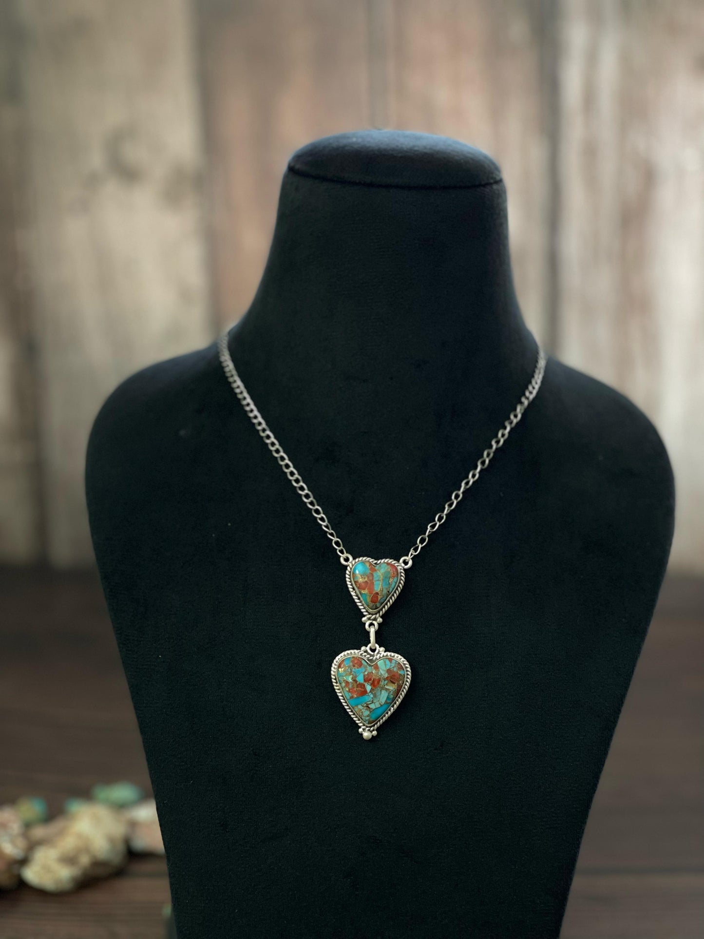 Handmade Sterling Silver Rose Dahlia, Purple, Orange Mojave, Royston Turquoise, Mojave, Green Mojave, Turquoise-Coral Mix, Purple Kingman Mojave Necklace, Signed Nizhoni