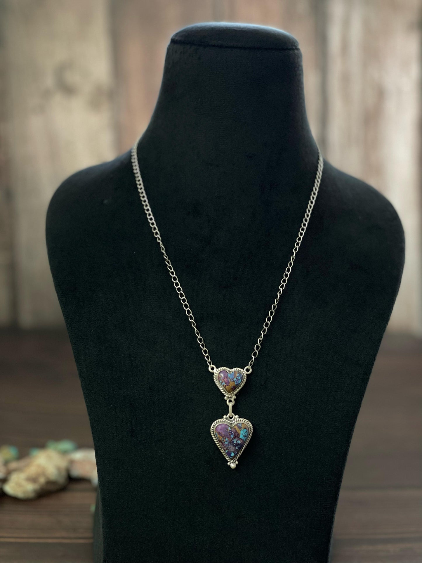 Handmade Sterling Silver Rose Dahlia, Purple, Orange Mojave, Royston Turquoise, Mojave, Green Mojave, Turquoise-Coral Mix, Purple Kingman Mojave Necklace, Signed Nizhoni