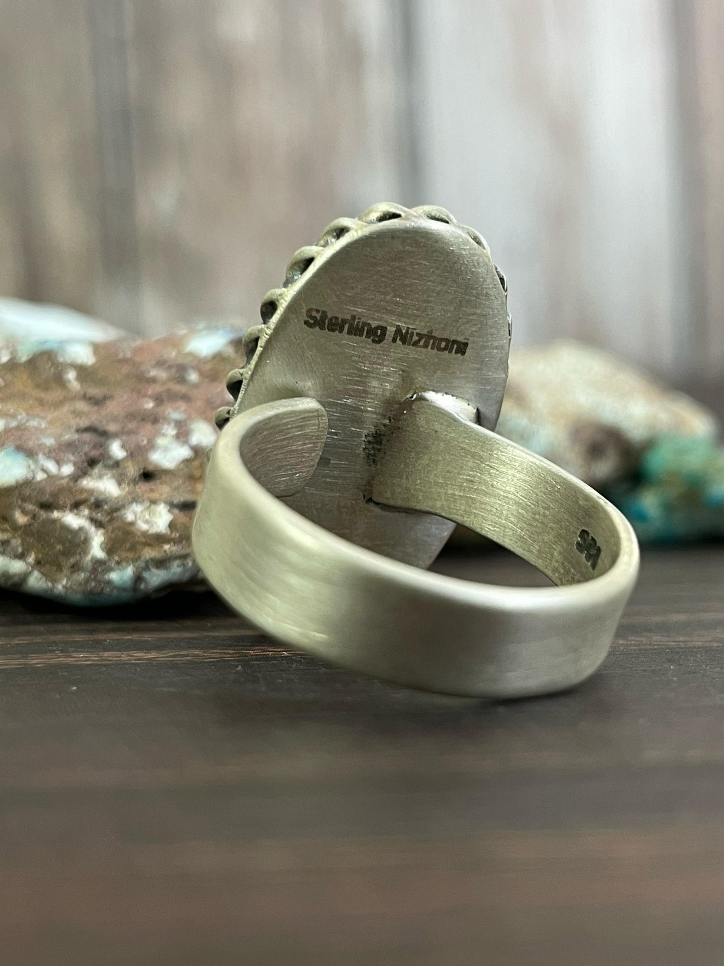 Handmade Sterling Silver Paloma Turquoise and Number 8 Turquoise Adjustable Ring, Signed Nizhoni