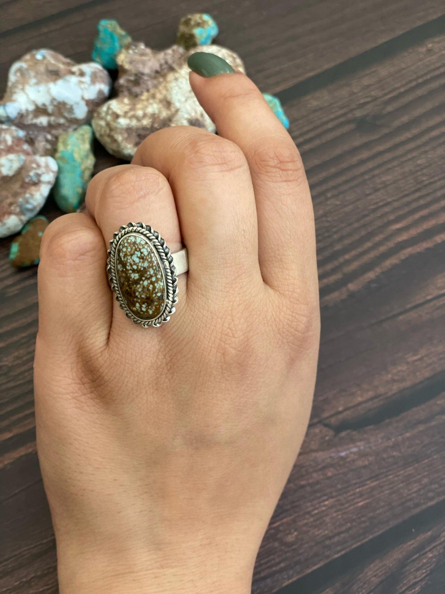 Handmade Sterling Silver Paloma Turquoise and Number 8 Turquoise Adjustable Ring, Signed Nizhoni