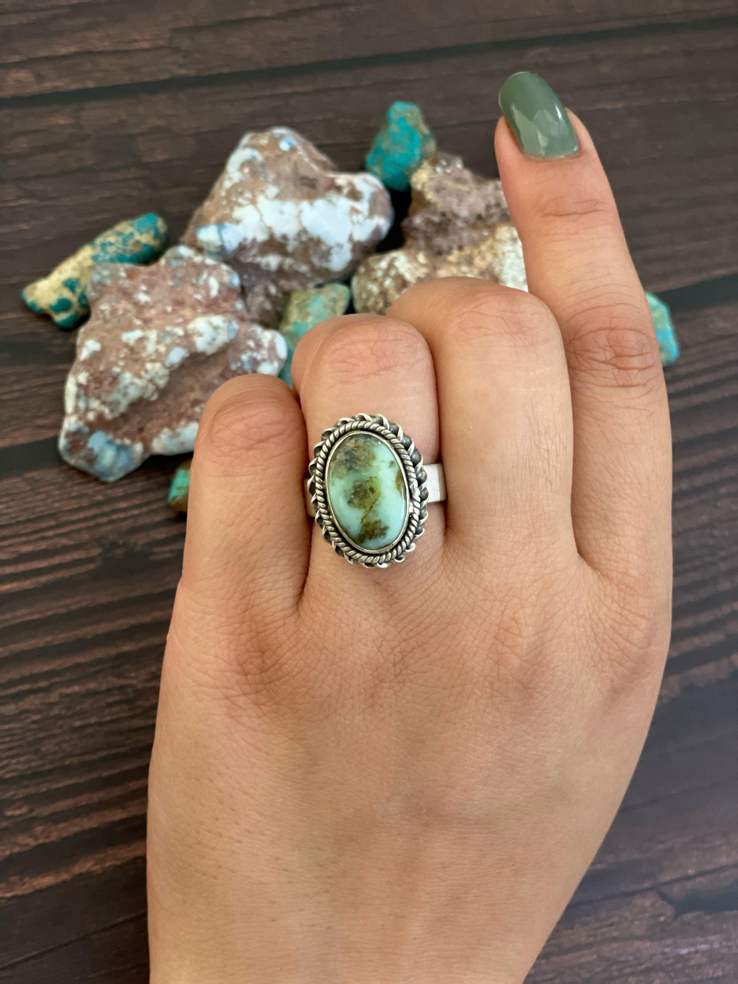 Handmade Sterling Silver Paloma Turquoise and Number 8 Turquoise Adjustable Ring, Signed Nizhoni