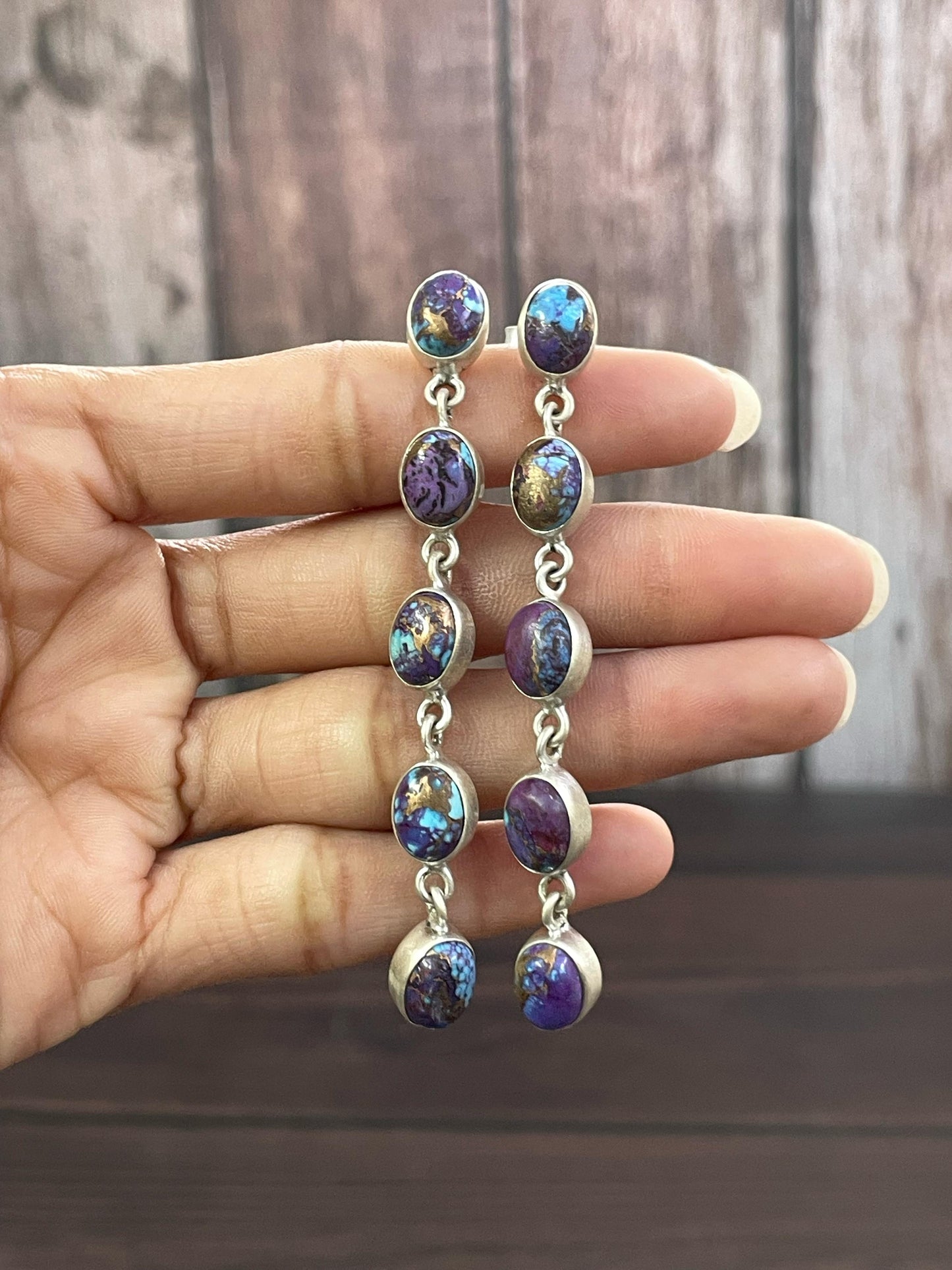 Handmade Sterling Silver Purple Mojave, Mojave, Rose Dahlia and Cotton Candy Post Earrings, Signed Nizhoni