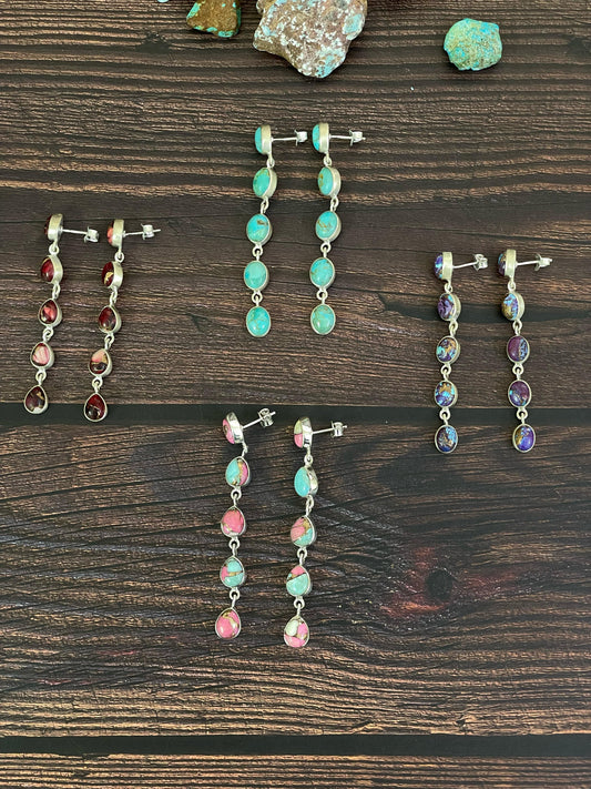Handmade Sterling Silver Purple Mojave, Mojave, Rose Dahlia and Cotton Candy Post Earrings, Signed Nizhoni
