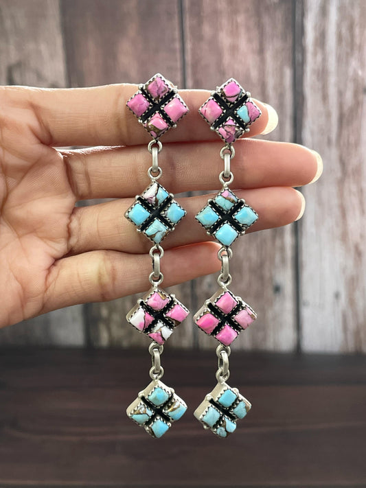 Handmade Sterling Silver Post Earring, Options-BLACK ONYX,  ROSE DAHLIA, Turquoise, WILD HORSE, ORANGE MOJAVE,  COTTON CANDY, Signed Nizhoni