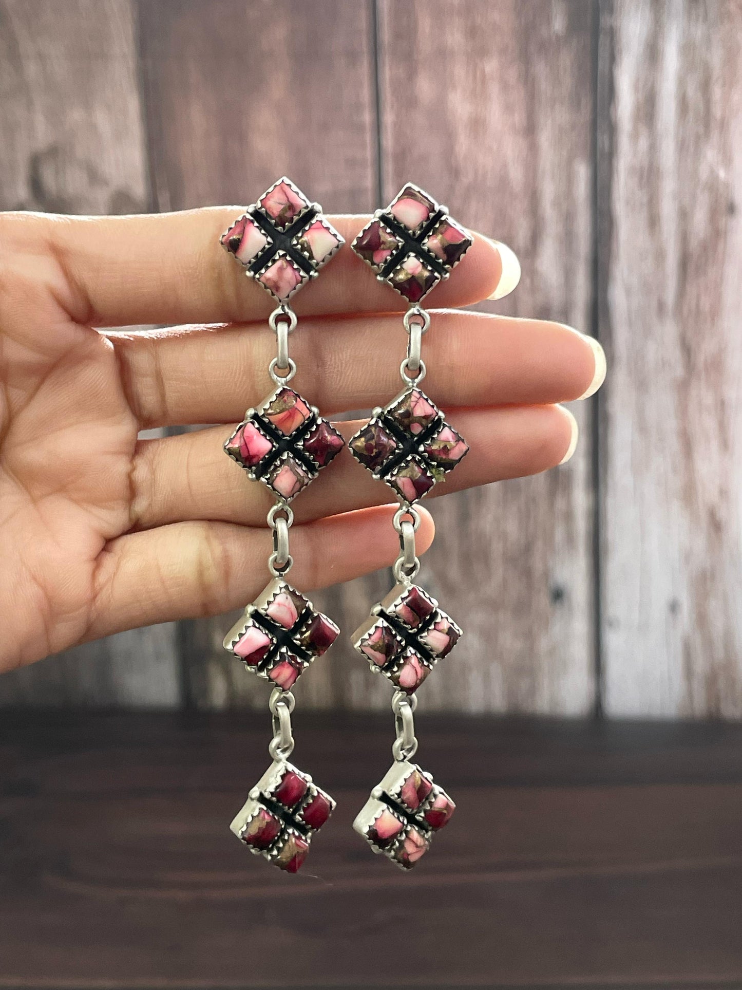 Handmade Sterling Silver Post Earring, Options-BLACK ONYX,  ROSE DAHLIA, Turquoise, WILD HORSE, ORANGE MOJAVE,  COTTON CANDY, Signed Nizhoni