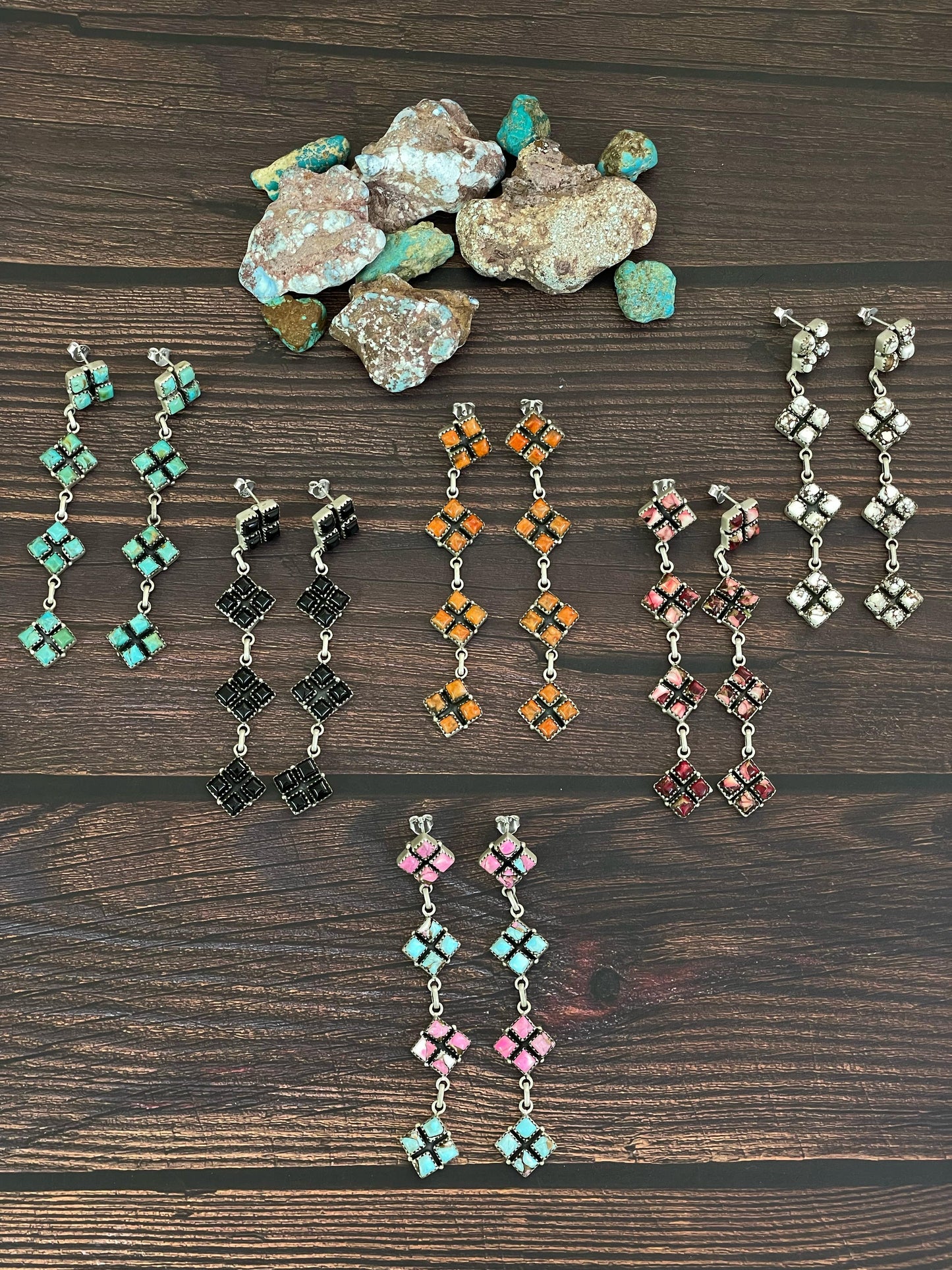 Handmade Sterling Silver Post Earring, Options-BLACK ONYX,  ROSE DAHLIA, Turquoise, WILD HORSE, ORANGE MOJAVE,  COTTON CANDY, Signed Nizhoni
